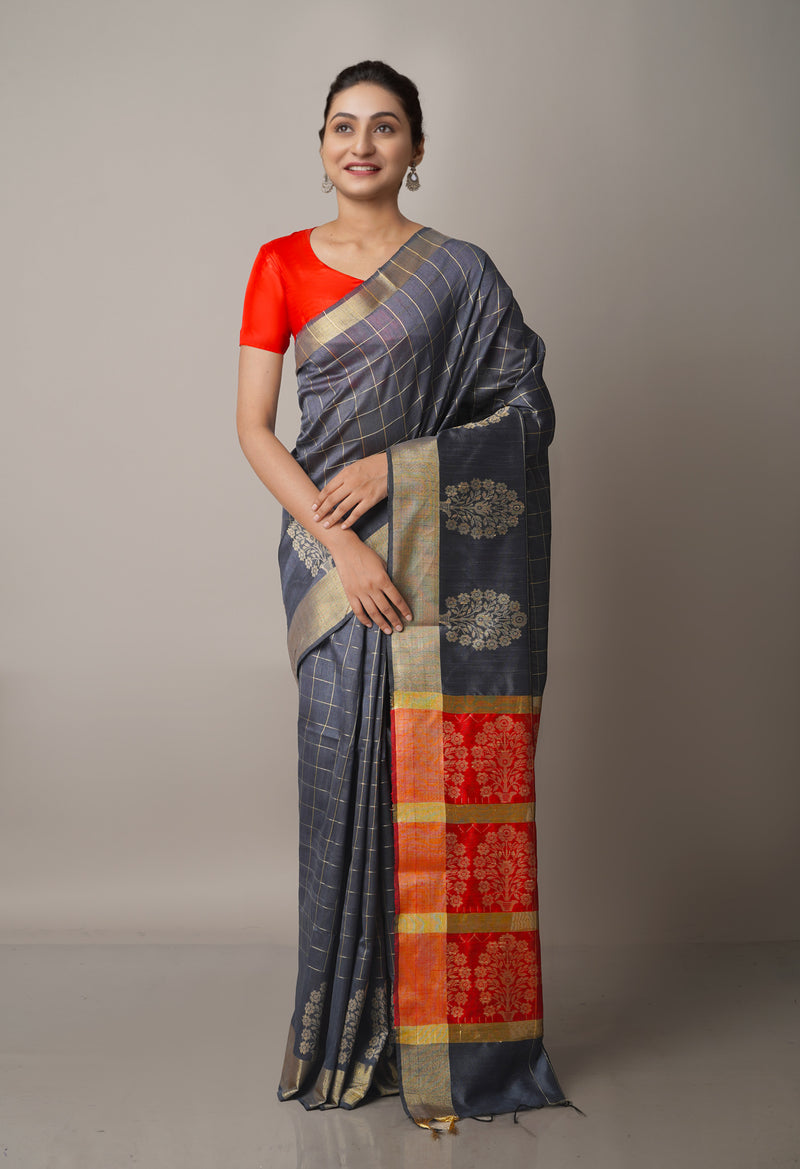 Grey Dupion Silk Saree-UNM67854