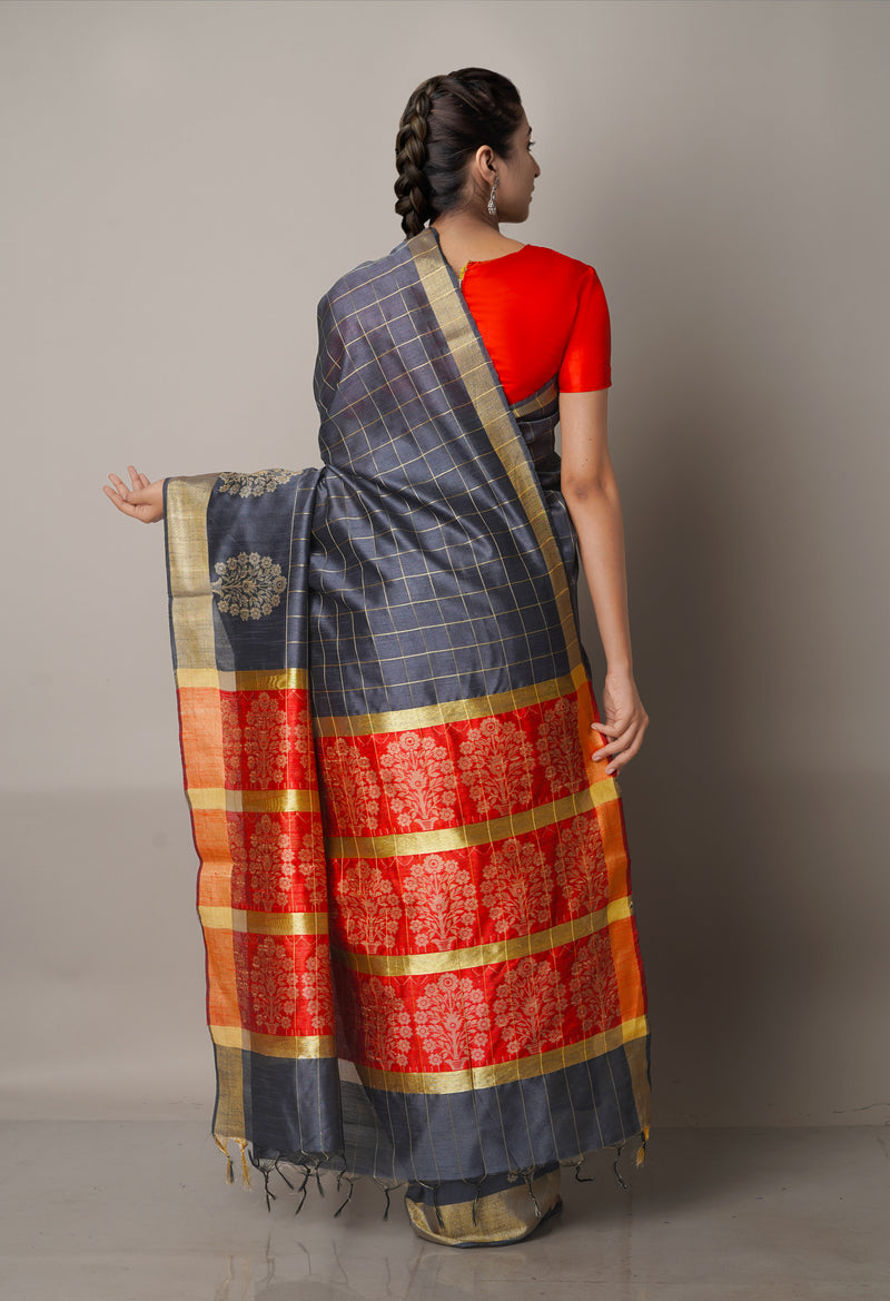 Grey Dupion Silk Saree-UNM67854