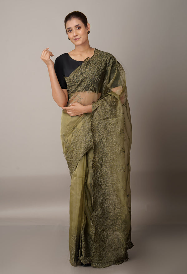 Olive Green Pure Embroidery Organza Saree-UNM67989
