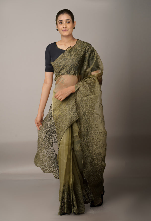 Olive Green Pure Embroidery Organza Saree-UNM67989