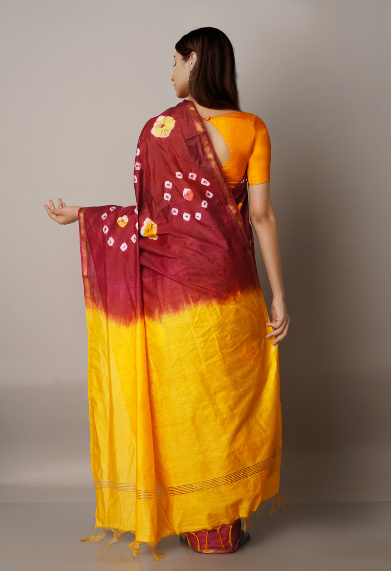 Maroon-Yellow  Shibori Chanderi Sico Saree-UNM68051