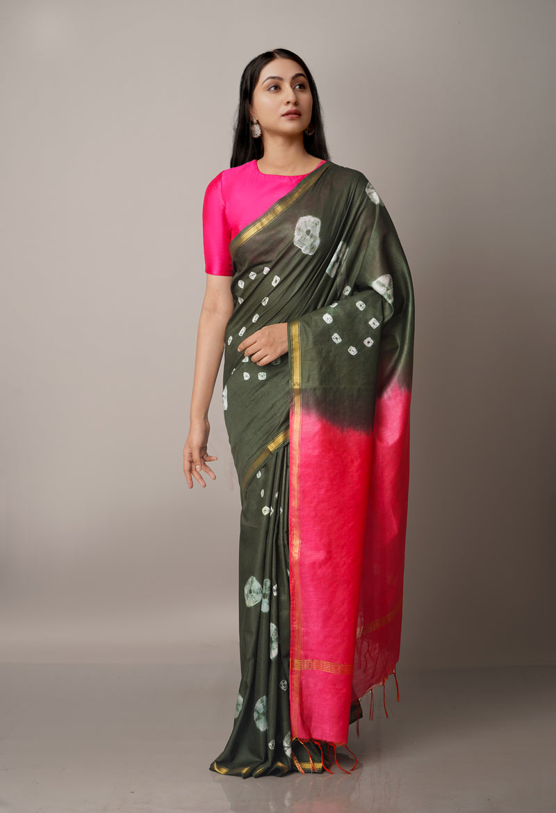 Olive Green-Pink  Shibori  Chanderi Sico Saree-UNM68062