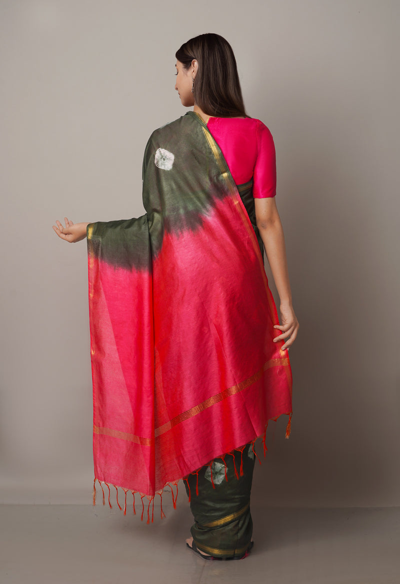 Olive Green-Pink  Shibori  Chanderi Sico Saree-UNM68062