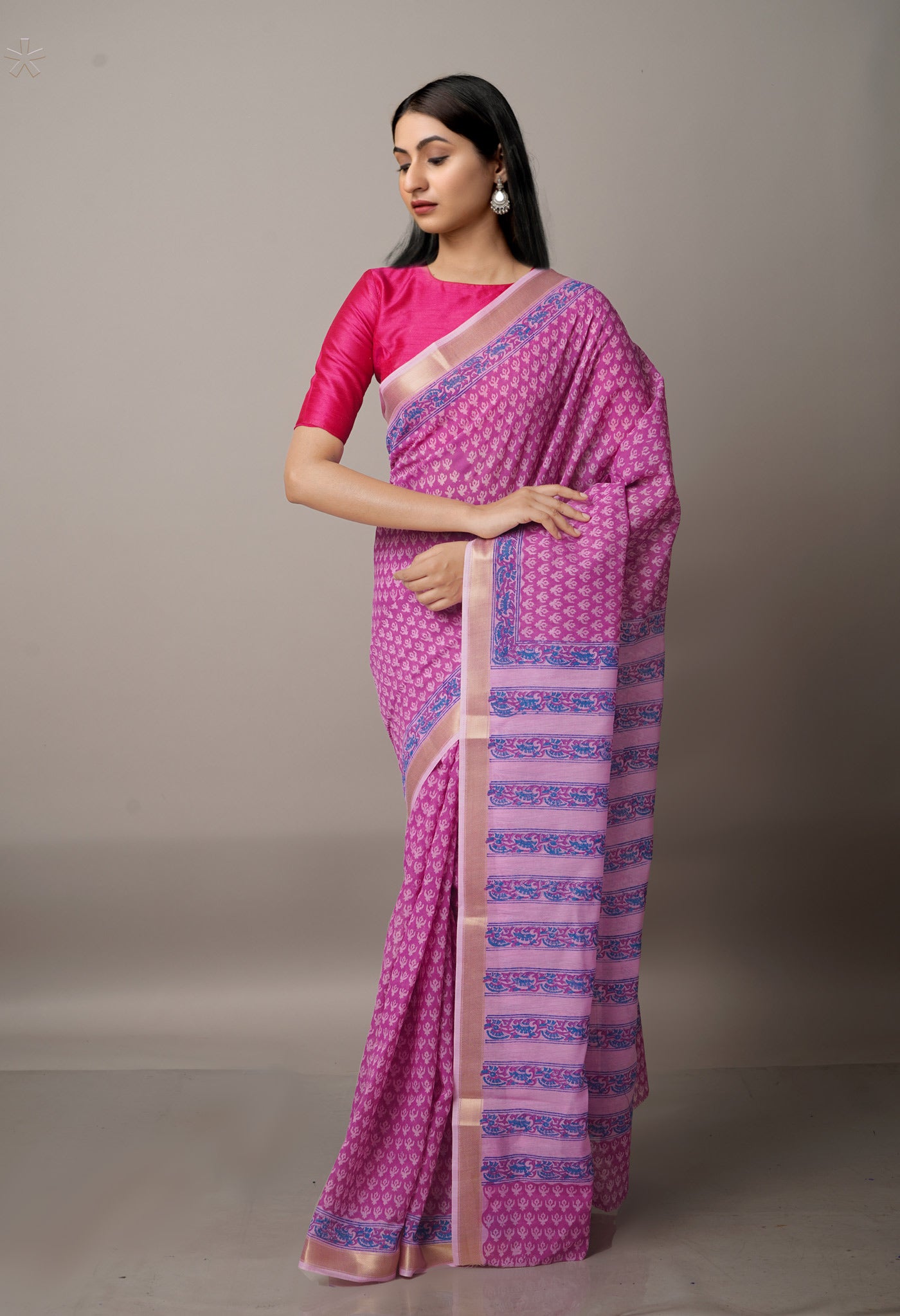 Pink  Block Printed Chanderi Sico Saree-UNM68063