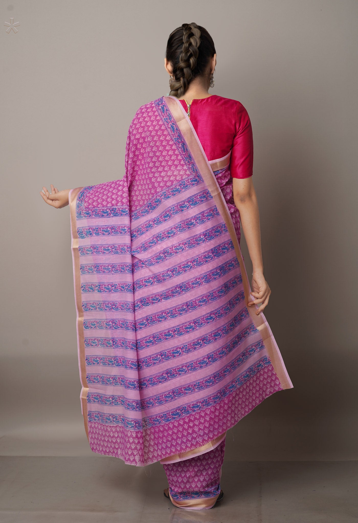Pink  Block Printed Chanderi Sico Saree-UNM68063