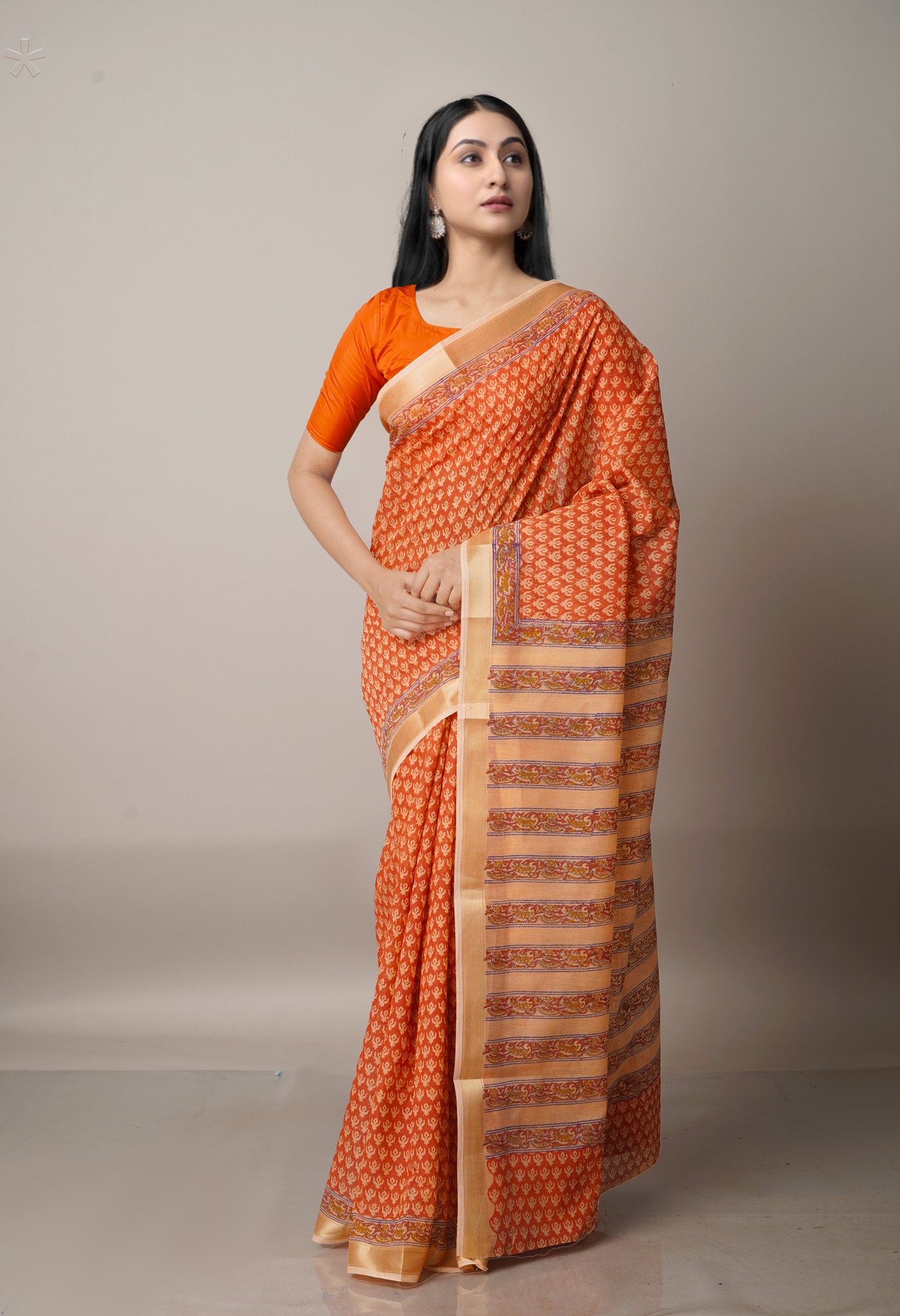 Orange  Block Printed Chanderi Sico Saree-UNM68064