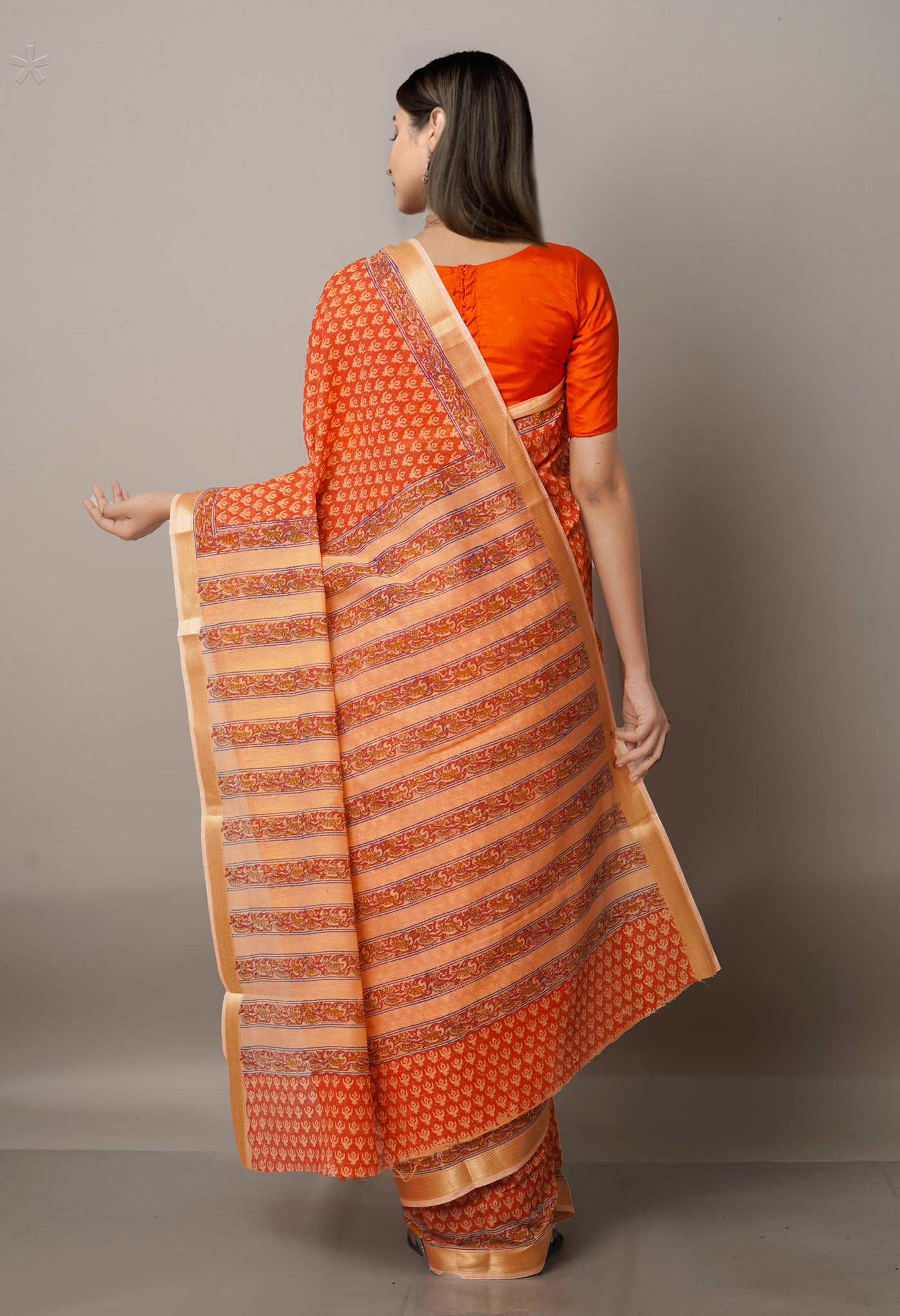 Orange  Block Printed Chanderi Sico Saree-UNM68064