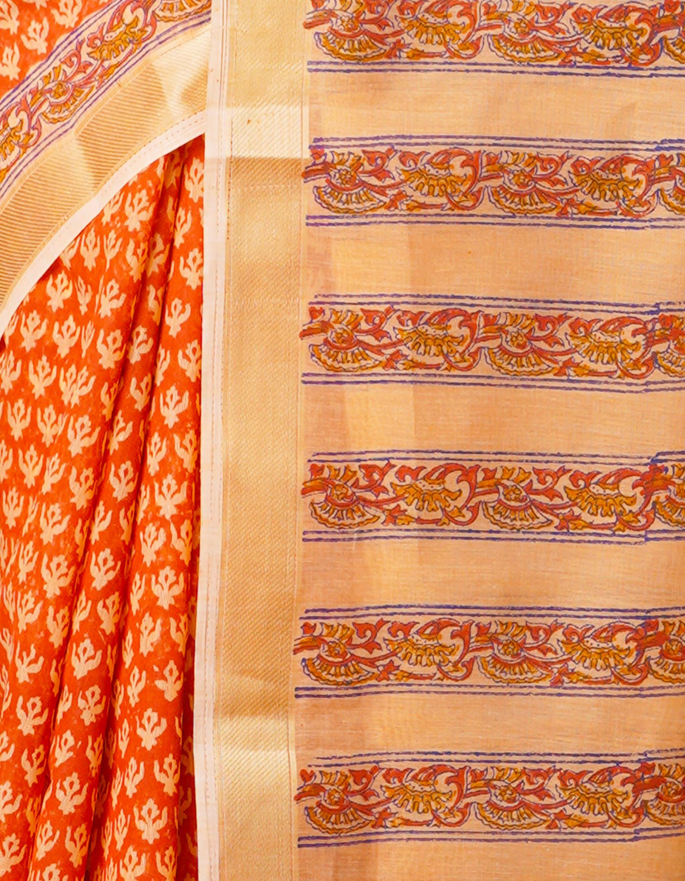 Orange  Block Printed Chanderi Sico Saree-UNM68064