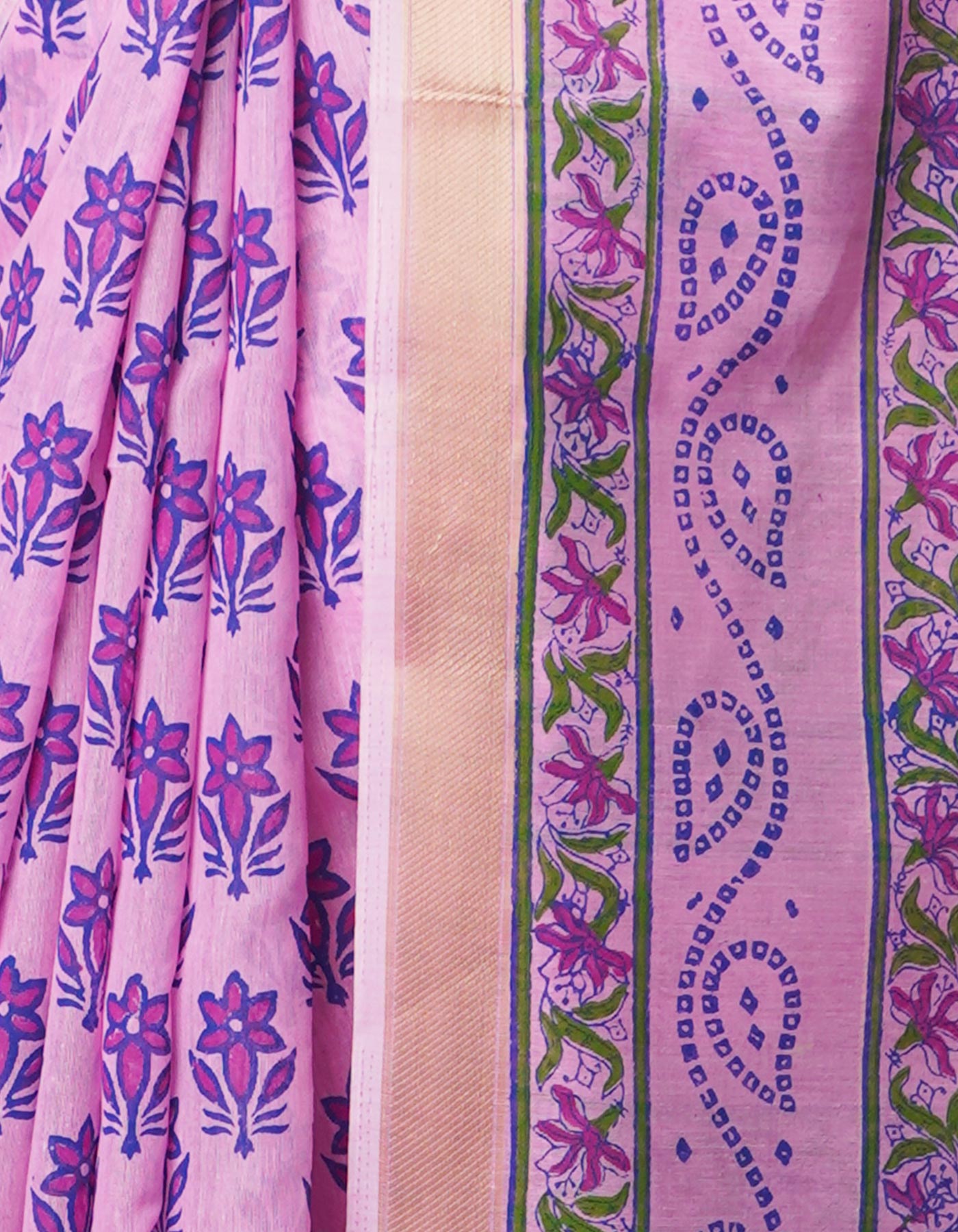 Pink  Block Printed Chanderi Sico Saree-UNM68071