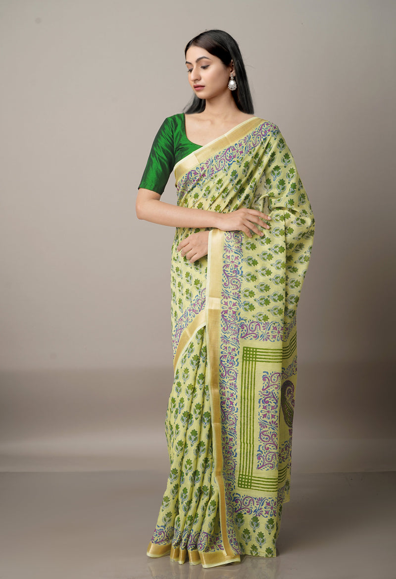 Green  Block Printed Chanderi Sico Saree-UNM68077