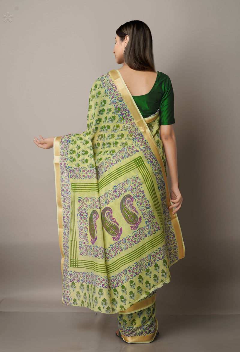 Green  Block Printed Chanderi Sico Saree-UNM68077