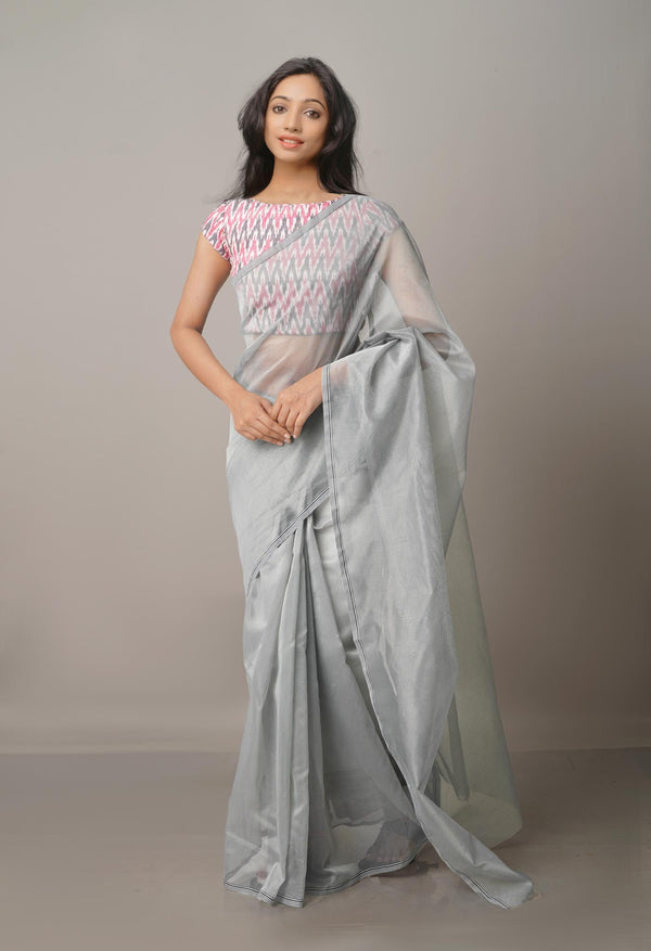 Grey  Meghalaya Checks Supernet Saree-UNM68106
