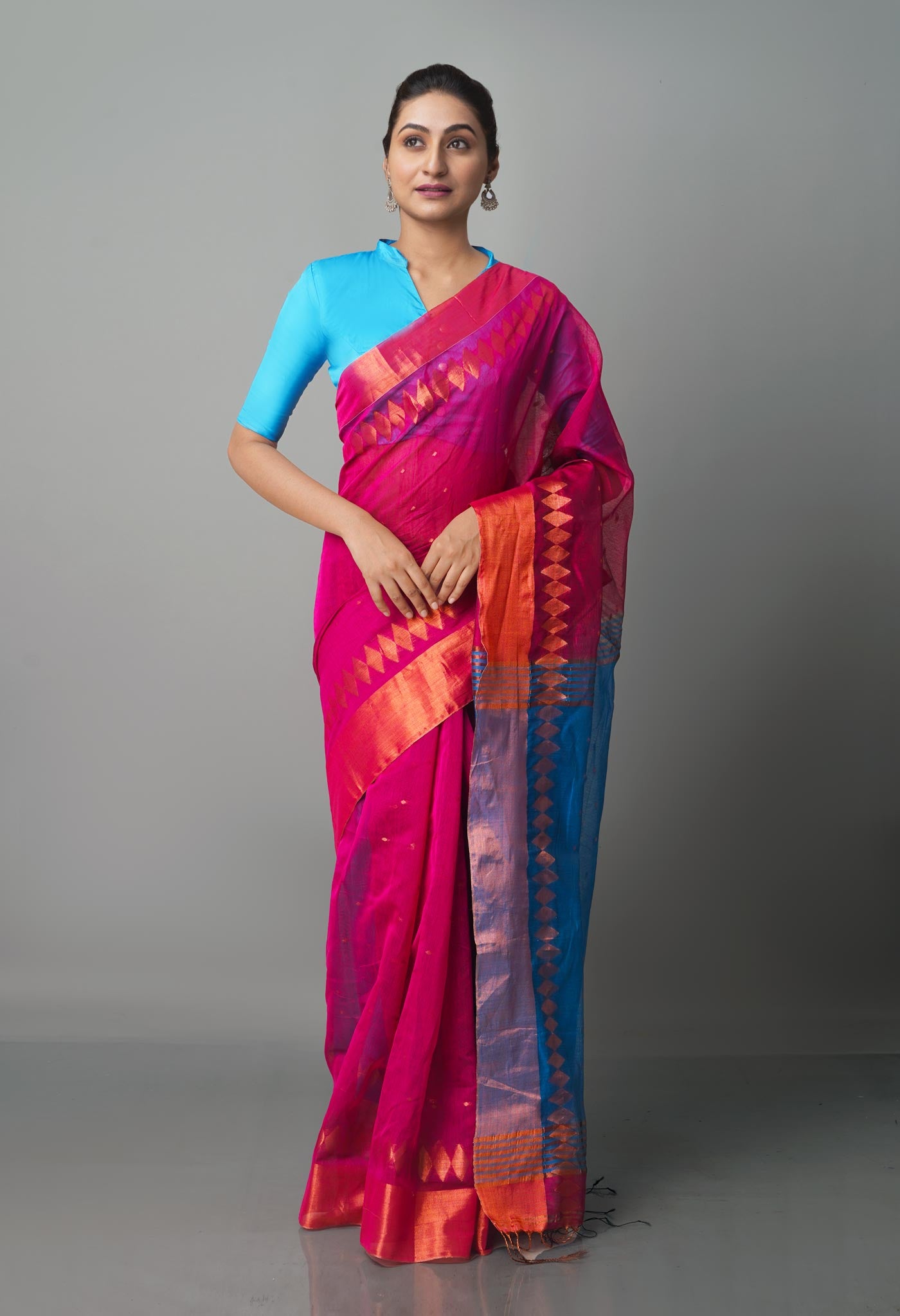 Magenta Pink Handloom Jamdhani Bengal Linen Saree-UNM68111