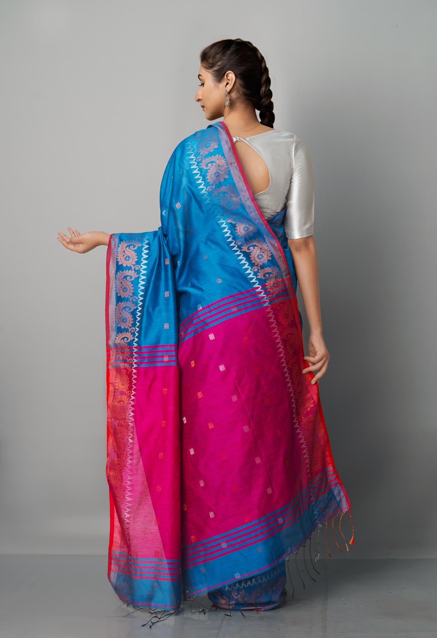 Cobalt Blue Handloom Jamdhani Bengal Linen Saree-UNM68140