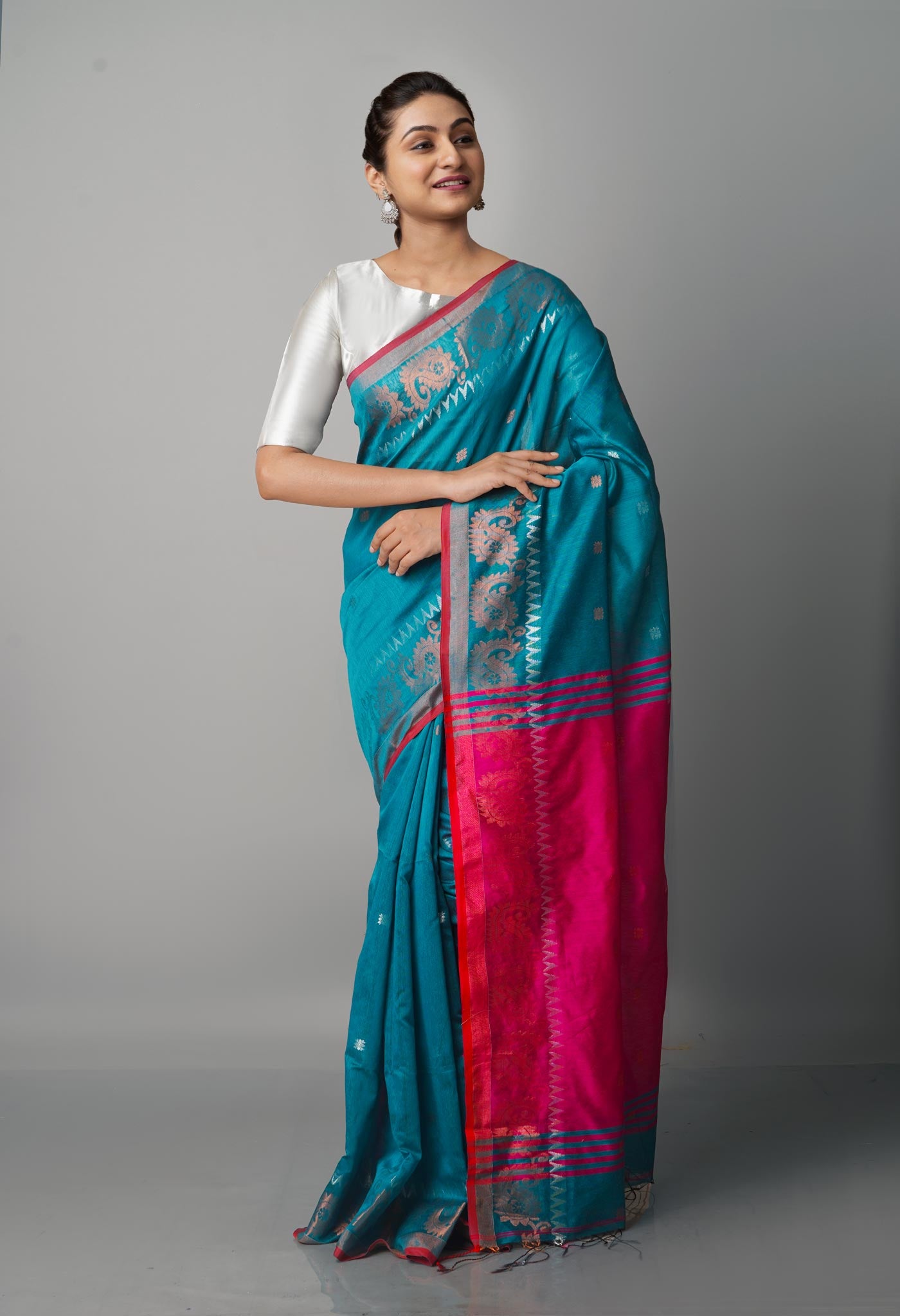 Teal Green Handloom Jamdhani Bengal Linen Saree-UNM68142