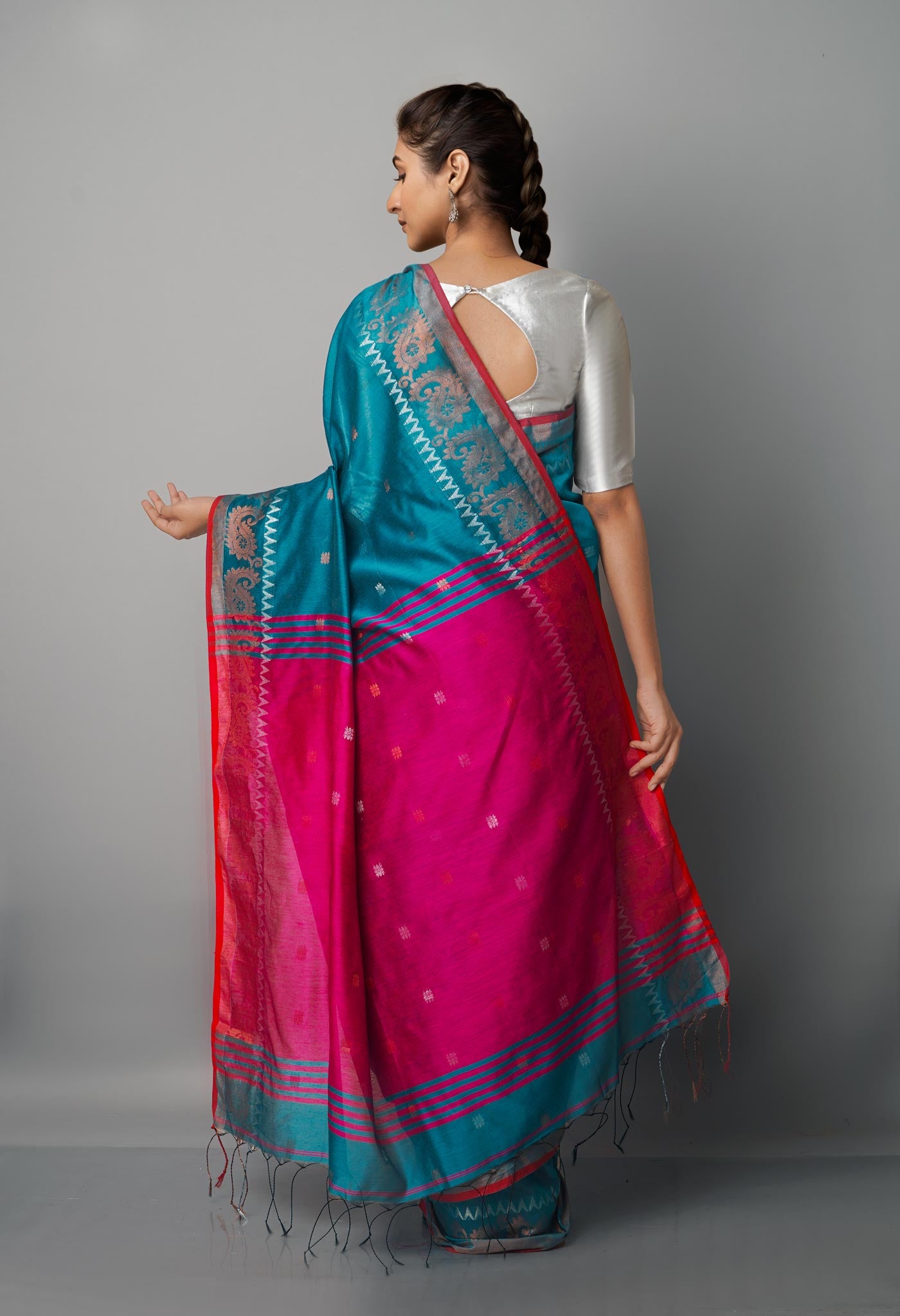 Teal Green Handloom Jamdhani Bengal Linen Saree-UNM68142