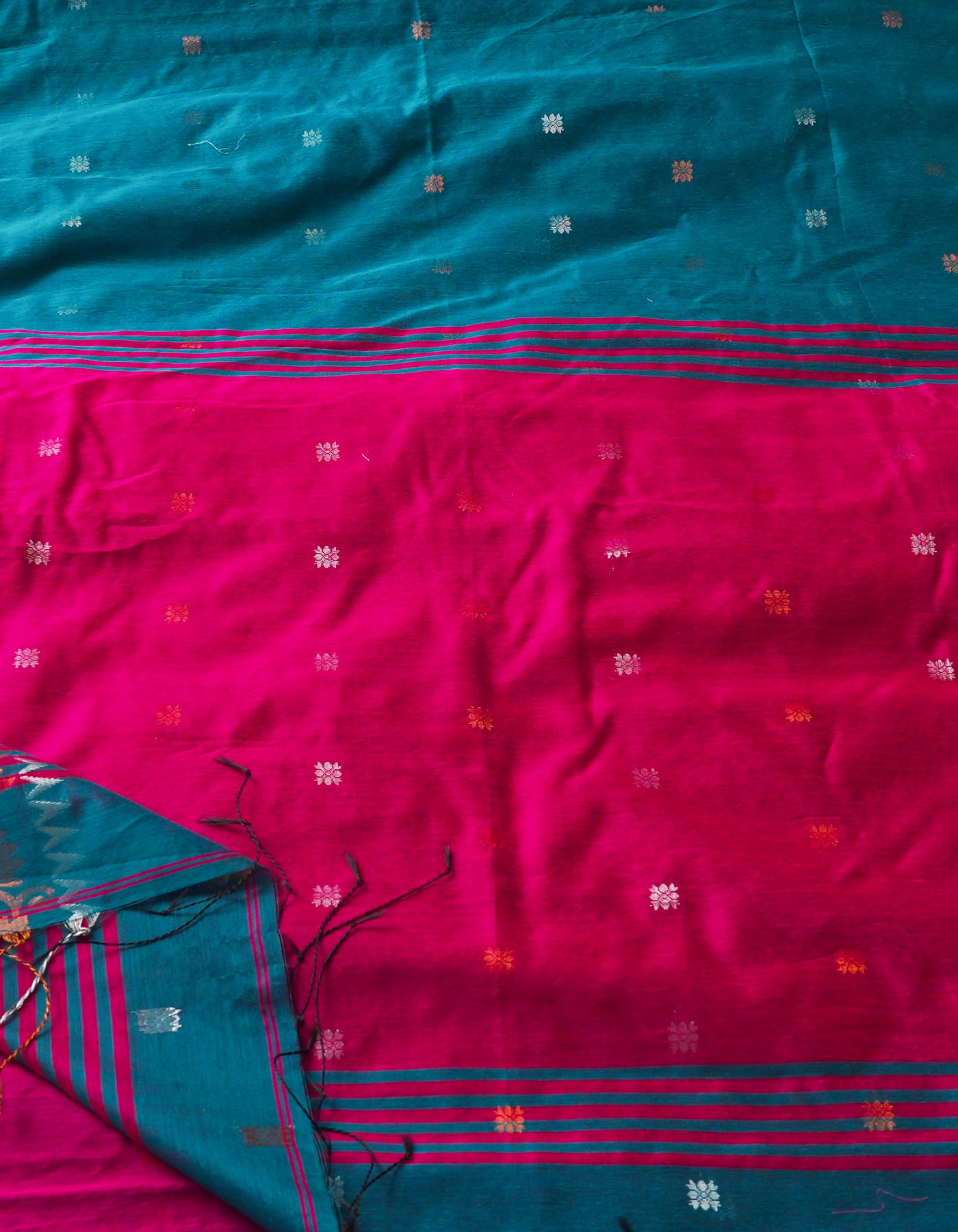Teal Green Handloom Jamdhani Bengal Linen Saree-UNM68142