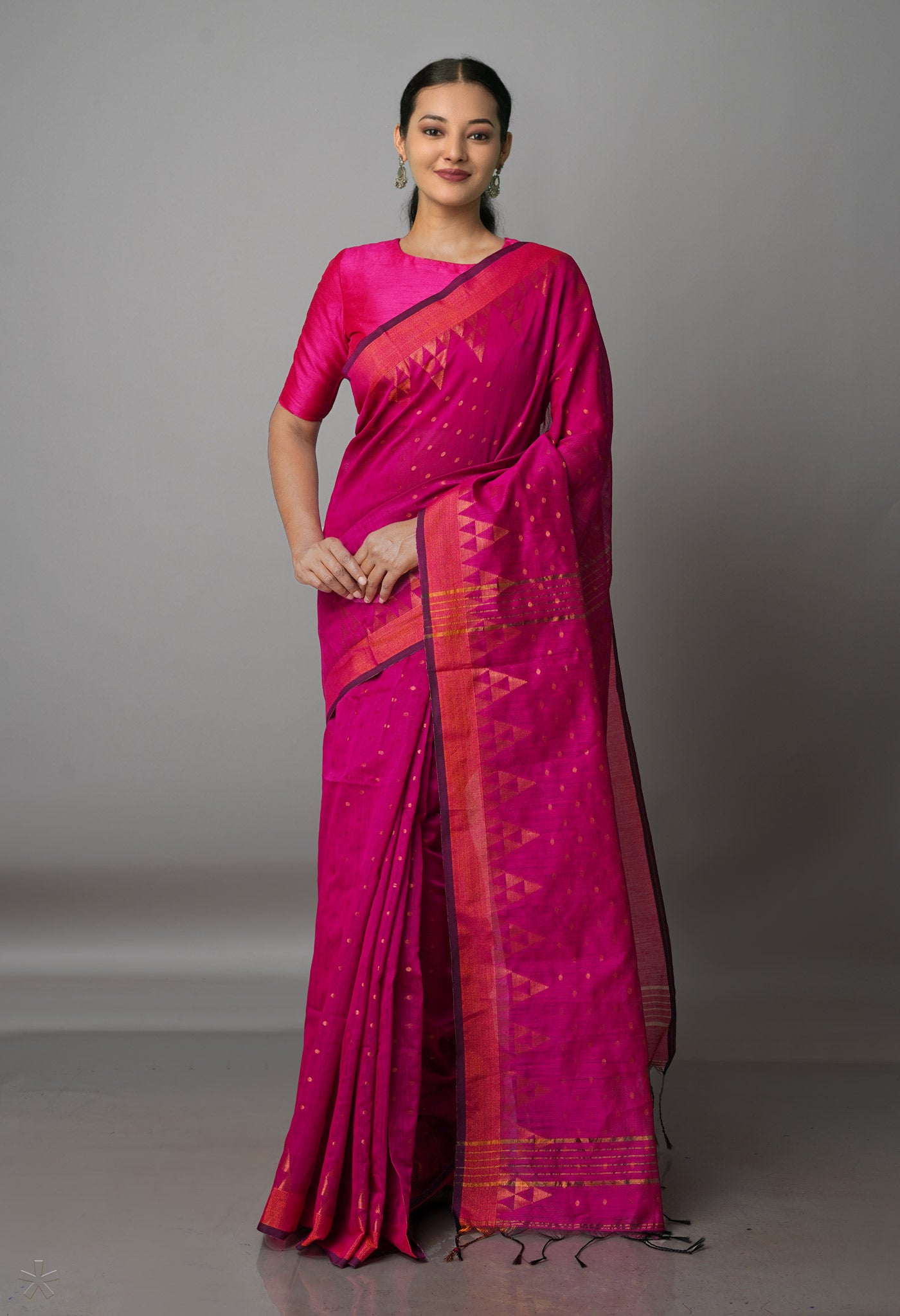 Magenta Pink Handloom Jamdhani Bengal Linen Saree-UNM68149