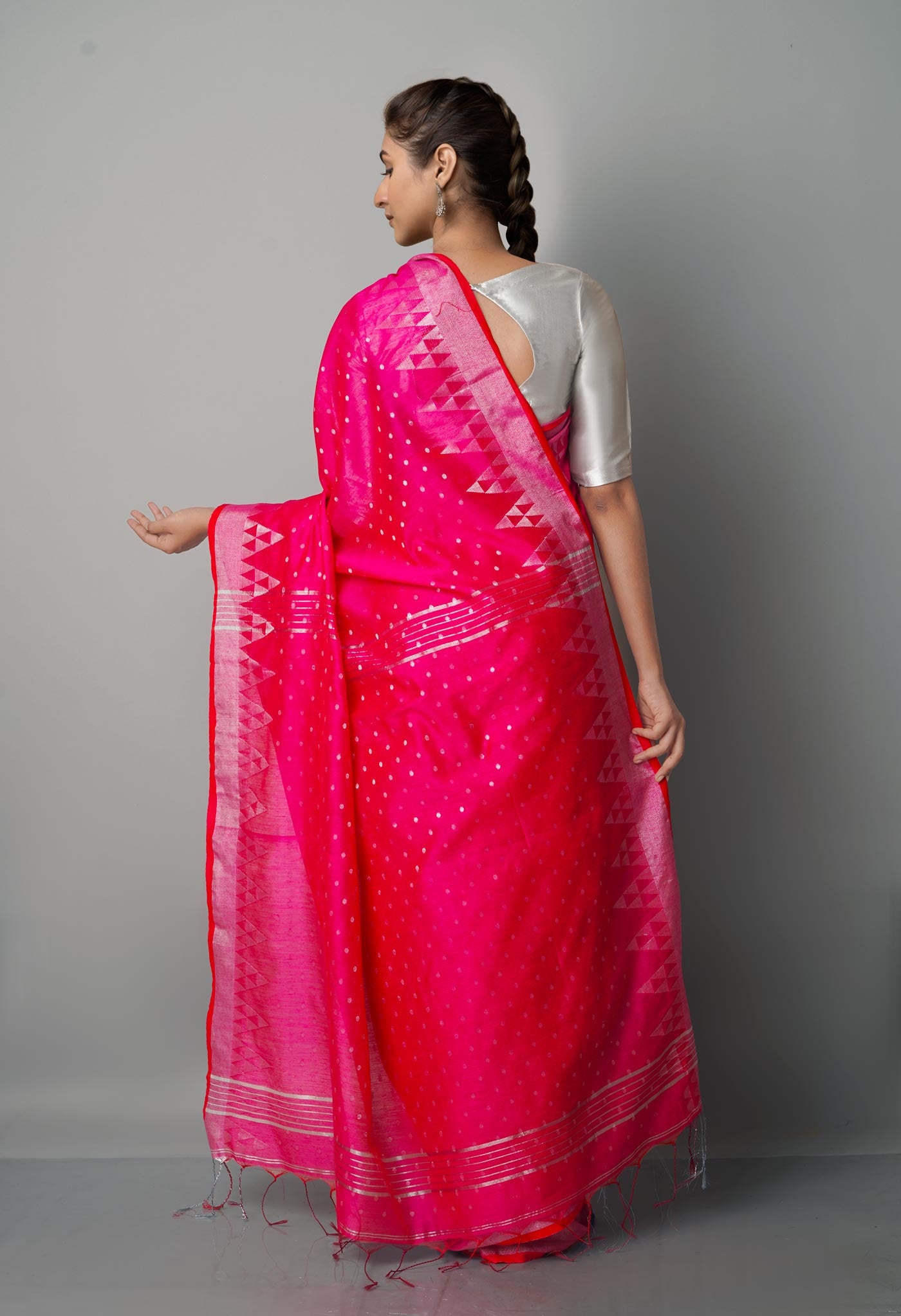 Hot Pink Handloom Jamdhani Bengal Linen Saree-UNM68150