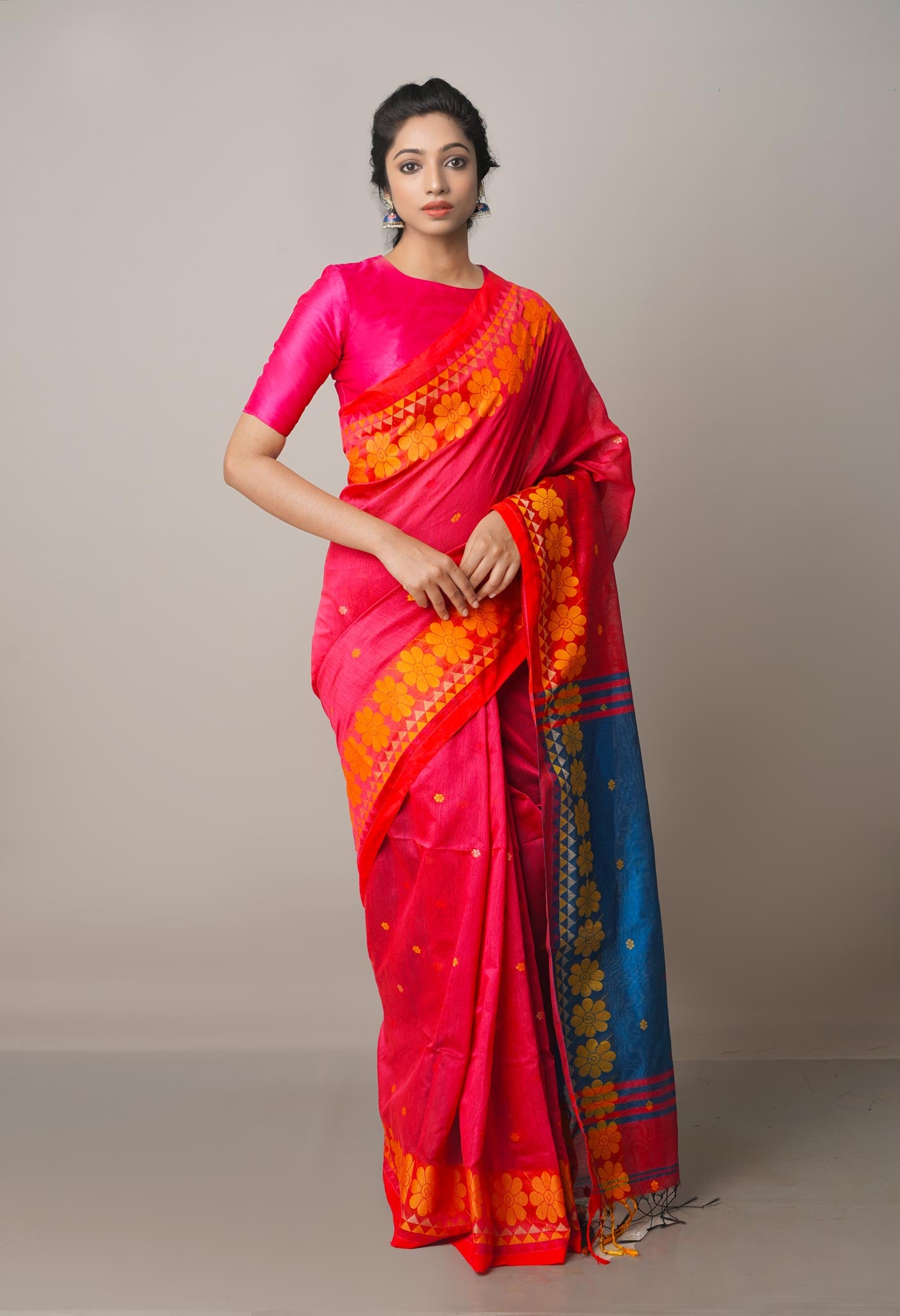 Pink Handloom Jamdhani Bengal Sico Saree-UNM68162