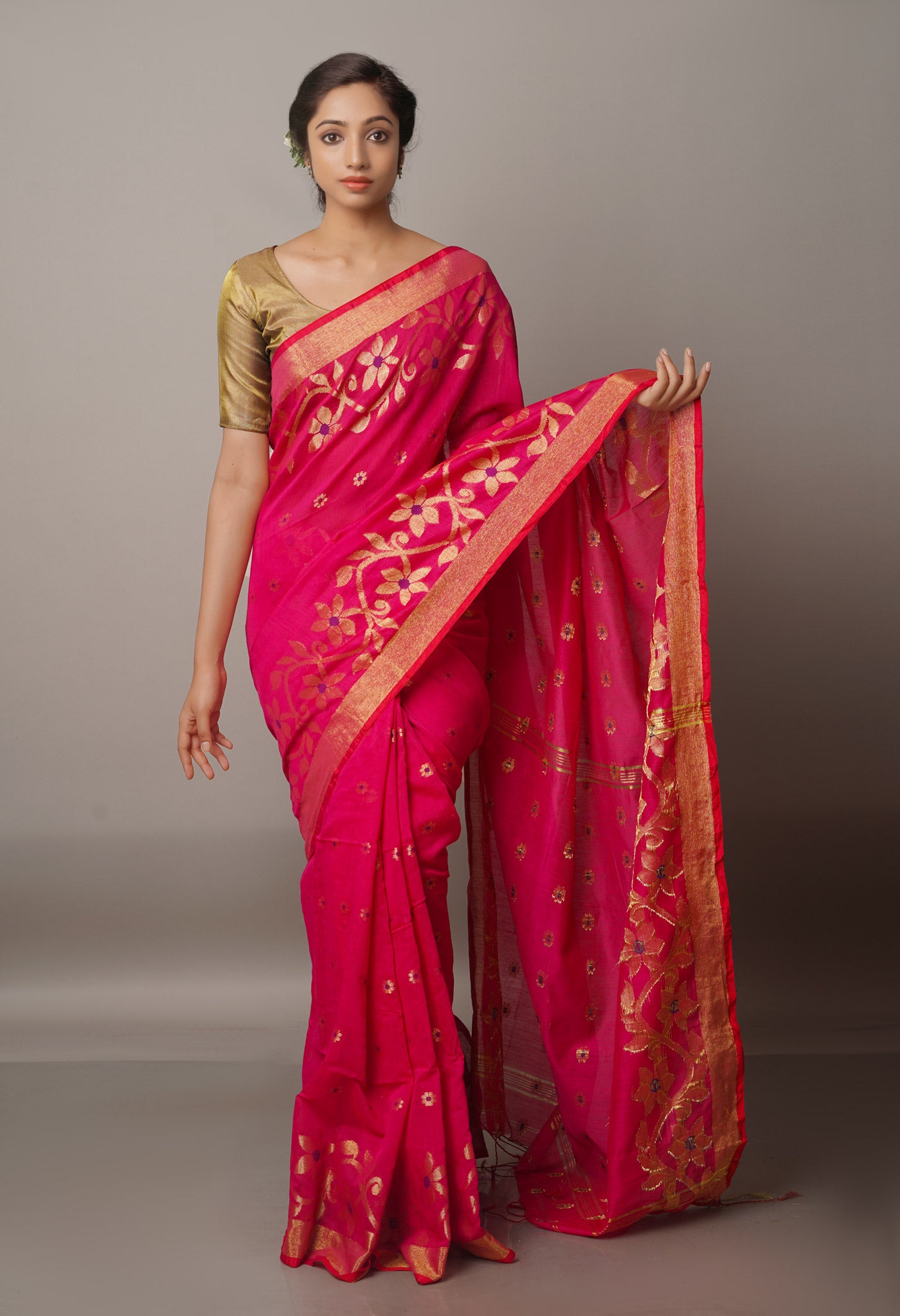Pink Handloom Jamdhani Bengal Sico Saree-UNM68170