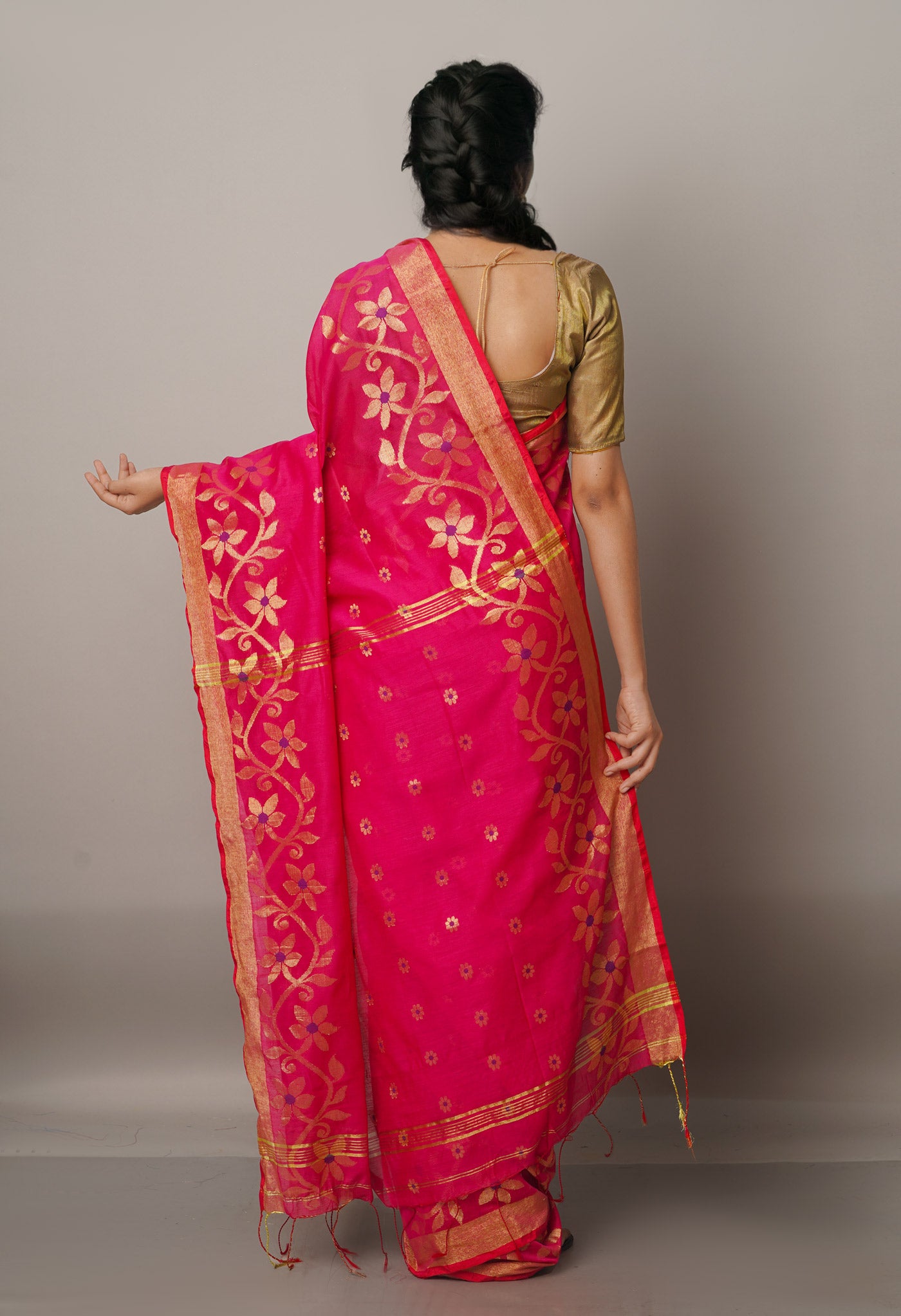 Pink Handloom Jamdhani Bengal Sico Saree-UNM68170