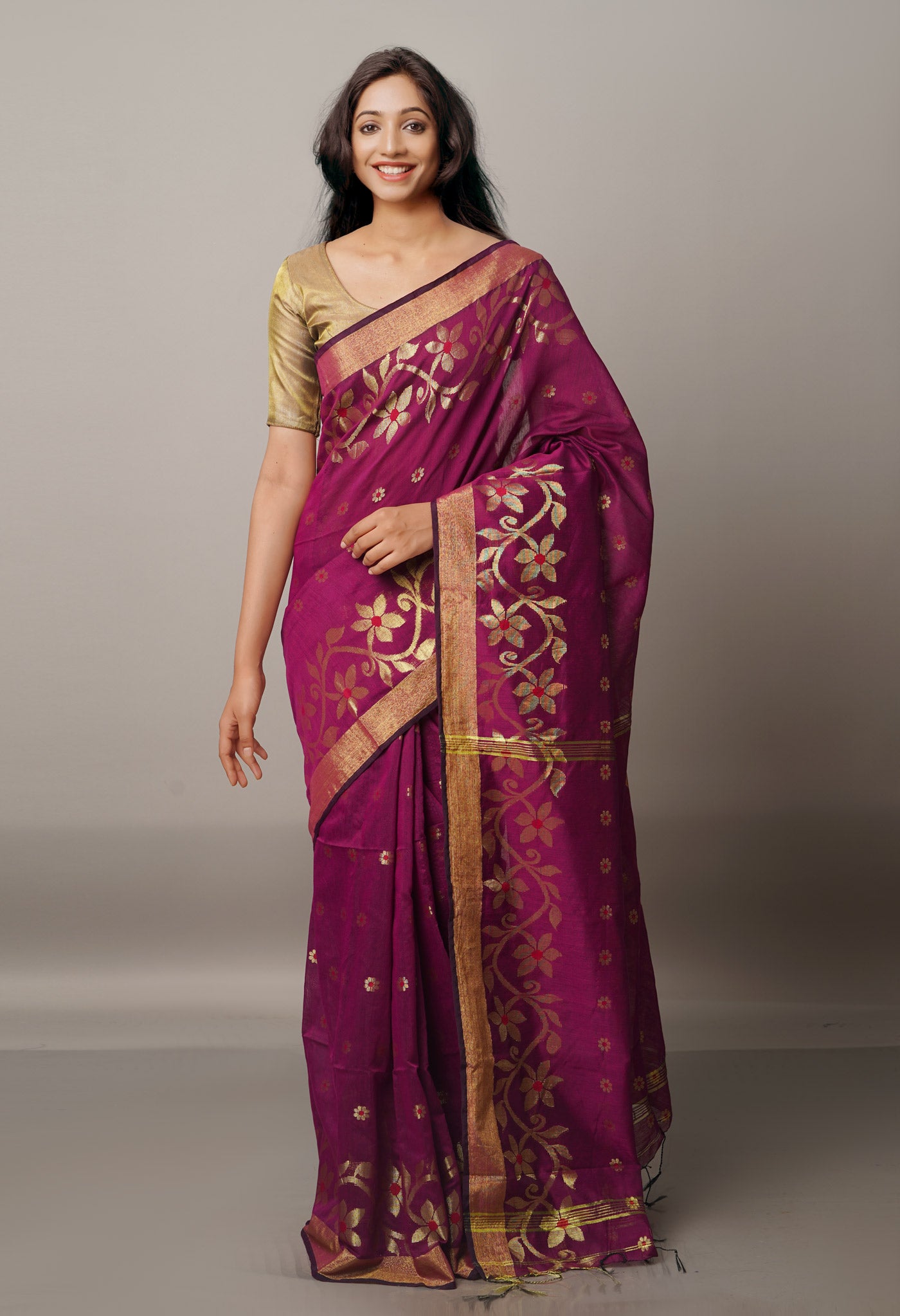 Purple Handloom Jamdhani Bengal Sico Saree-UNM68174