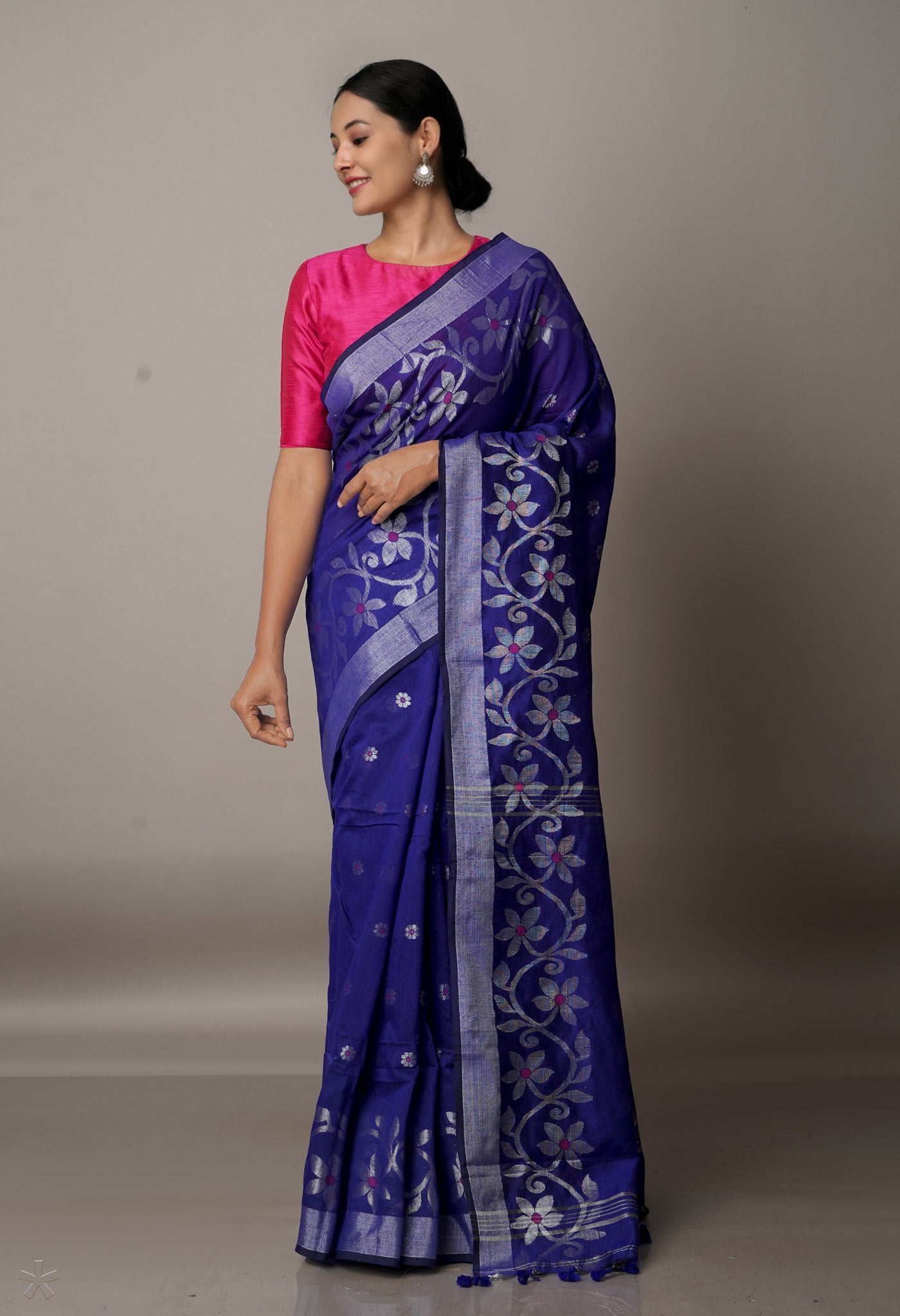 Blue Handloom Jamdhani Bengal Sico Saree-UNM68175