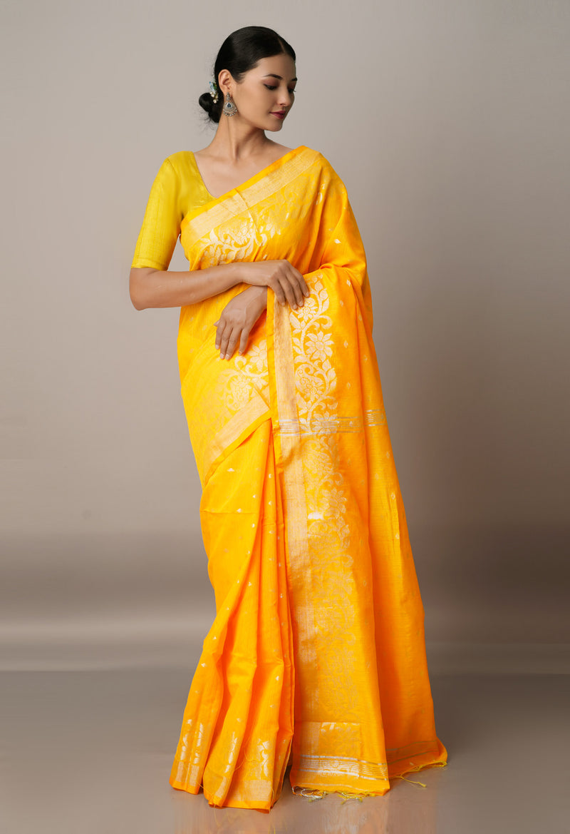 Yellow-Orange Handloom Jamdhani Bengal Sico Saree-UNM68179