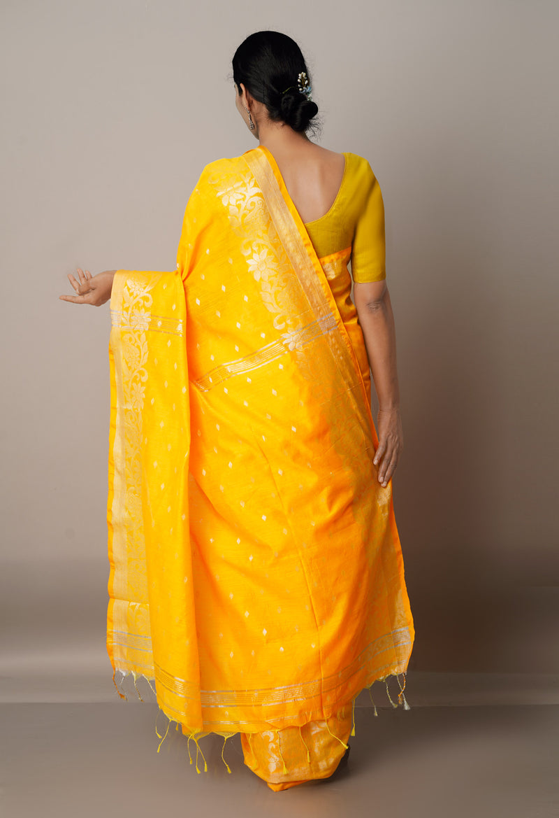 Yellow-Orange Handloom Jamdhani Bengal Sico Saree-UNM68179