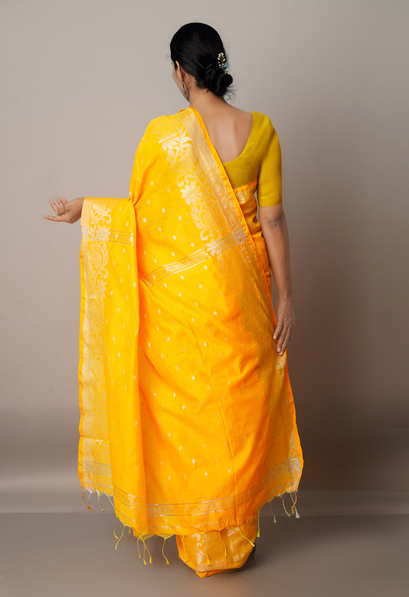 Yellow-Orange Handloom Jamdhani Bengal Sico Saree-UNM68179