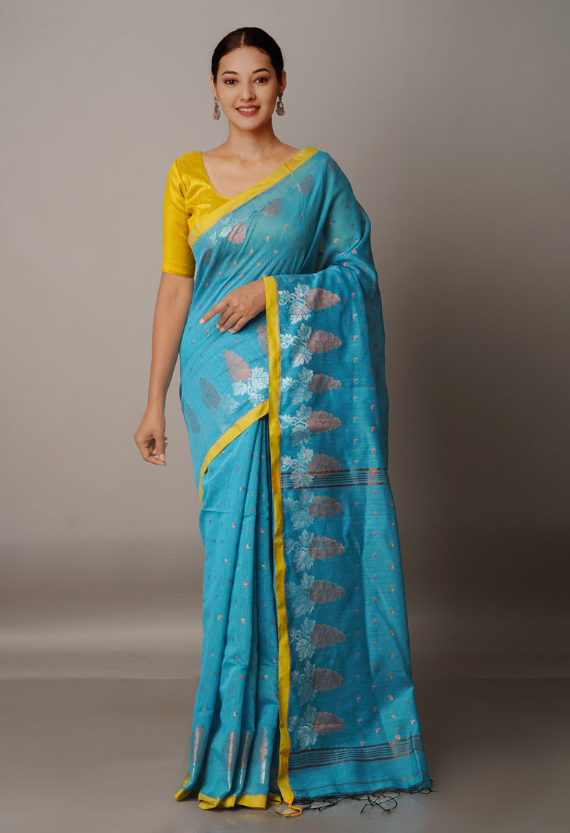 Blue Handloom Jamdhani Bengal Sico Saree-UNM68191