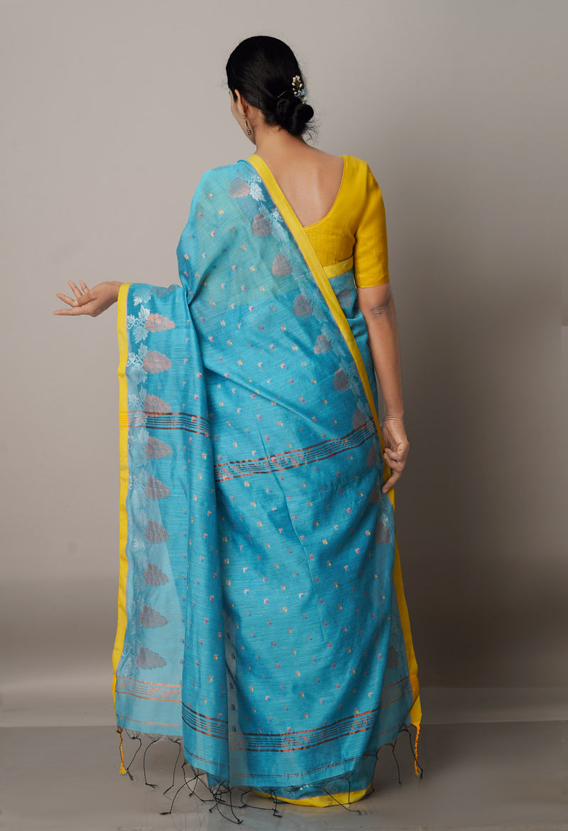 Blue Handloom Jamdhani Bengal Sico Saree-UNM68191