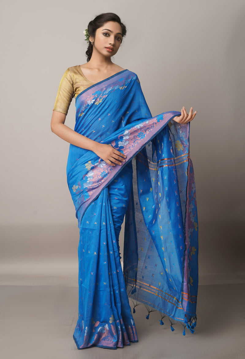 Blue Handloom Jamdhani Bengal Sico Saree-UNM68195