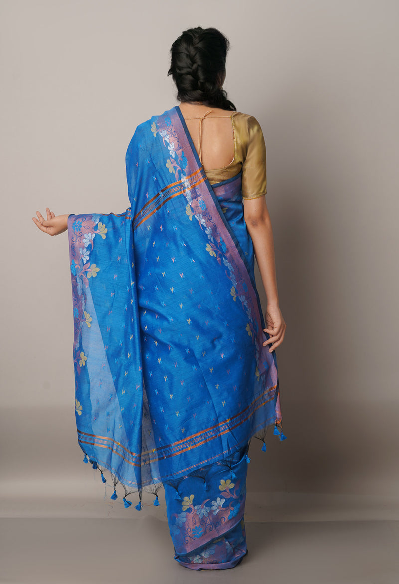Blue Handloom Jamdhani Bengal Sico Saree-UNM68195