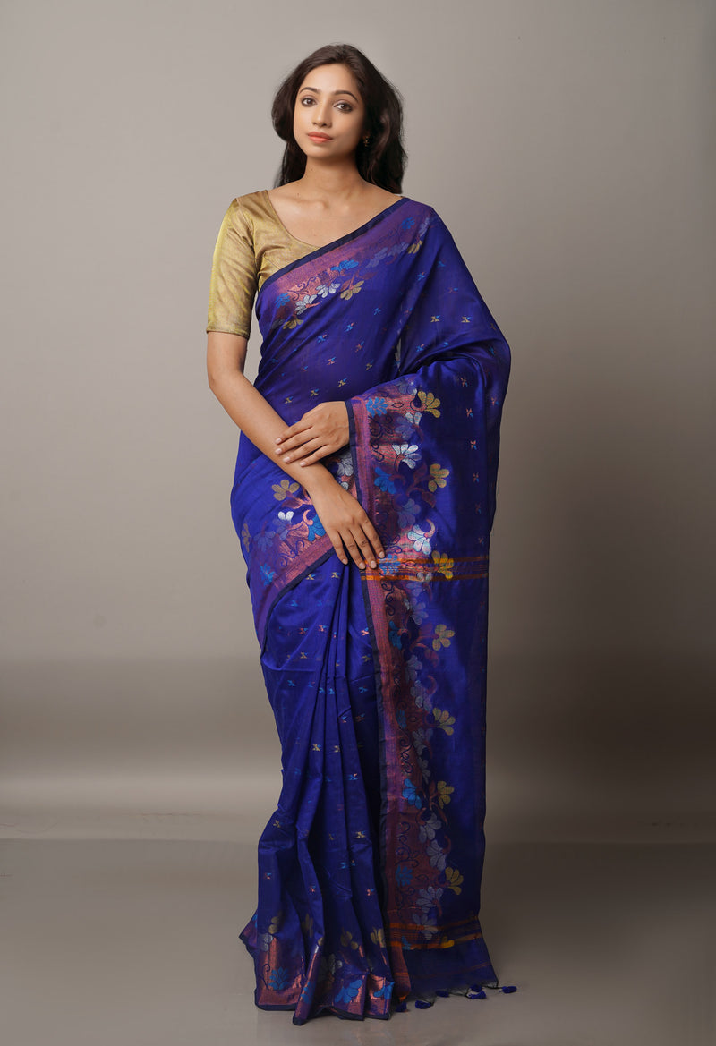 Navy Blue Handloom Jamdhani Bengal Sico Saree-UNM68196