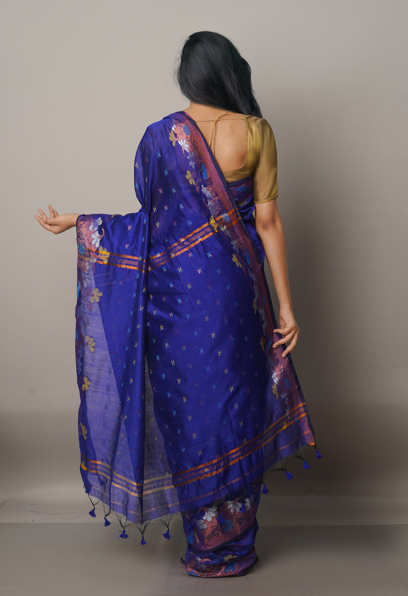 Navy Blue Handloom Jamdhani Bengal Sico Saree-UNM68196