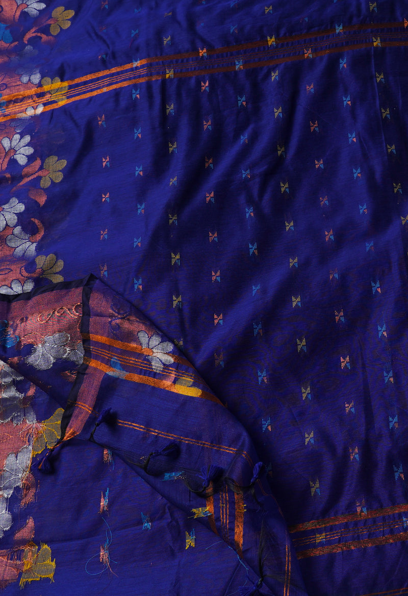 Navy Blue Handloom Jamdhani Bengal Sico Saree-UNM68196