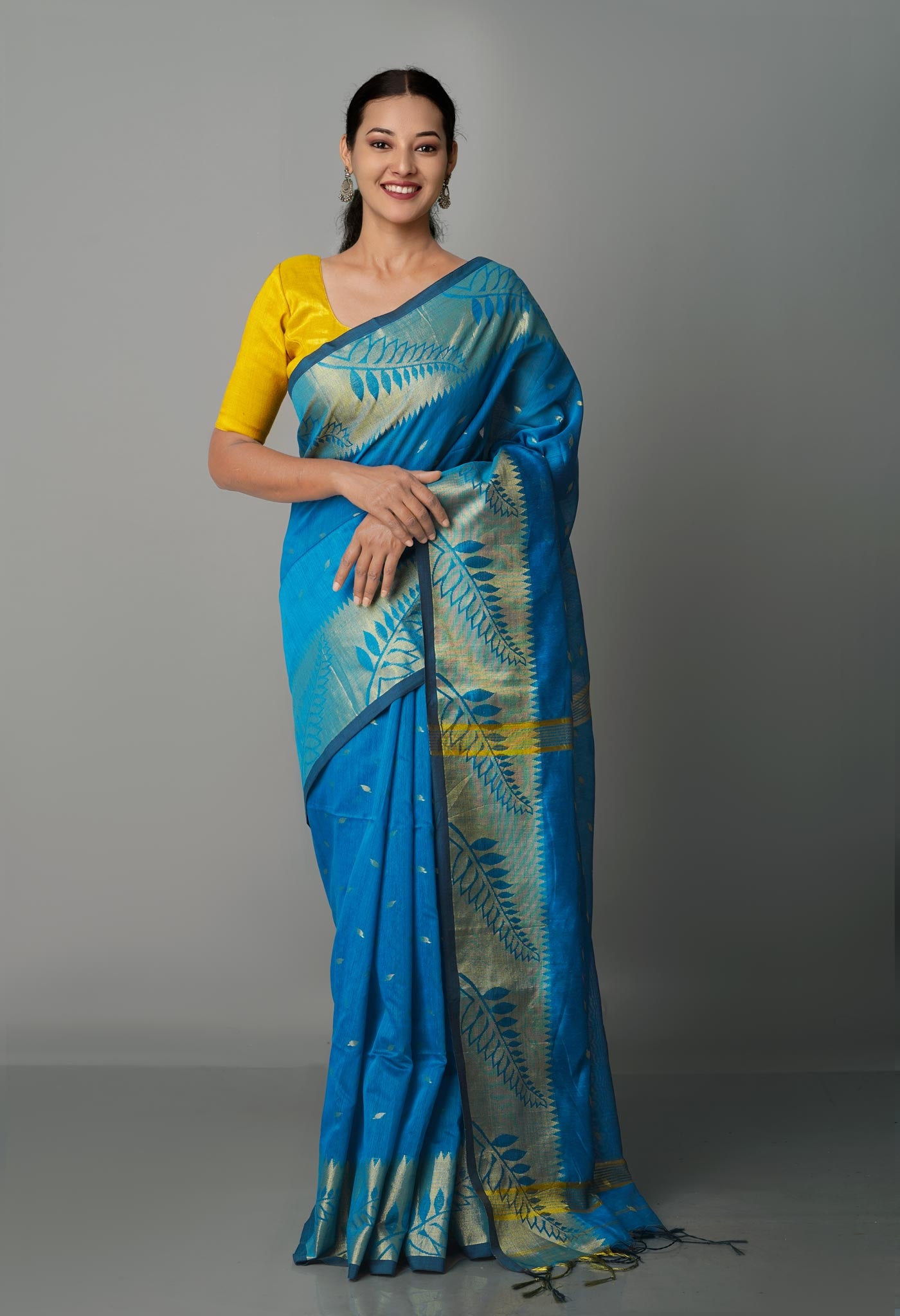 Blue Handloom Jamdhani Bengal Sico Saree-UNM68224