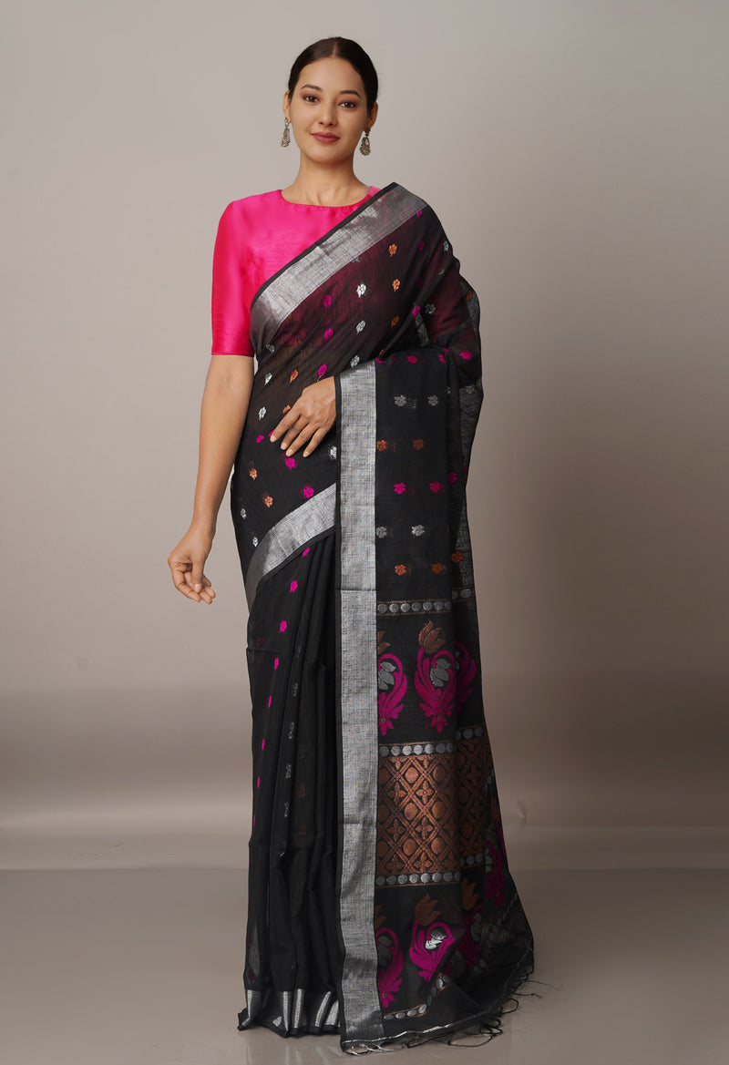 Black Handloom Jamdhani Bengal Sico Saree-UNM68236