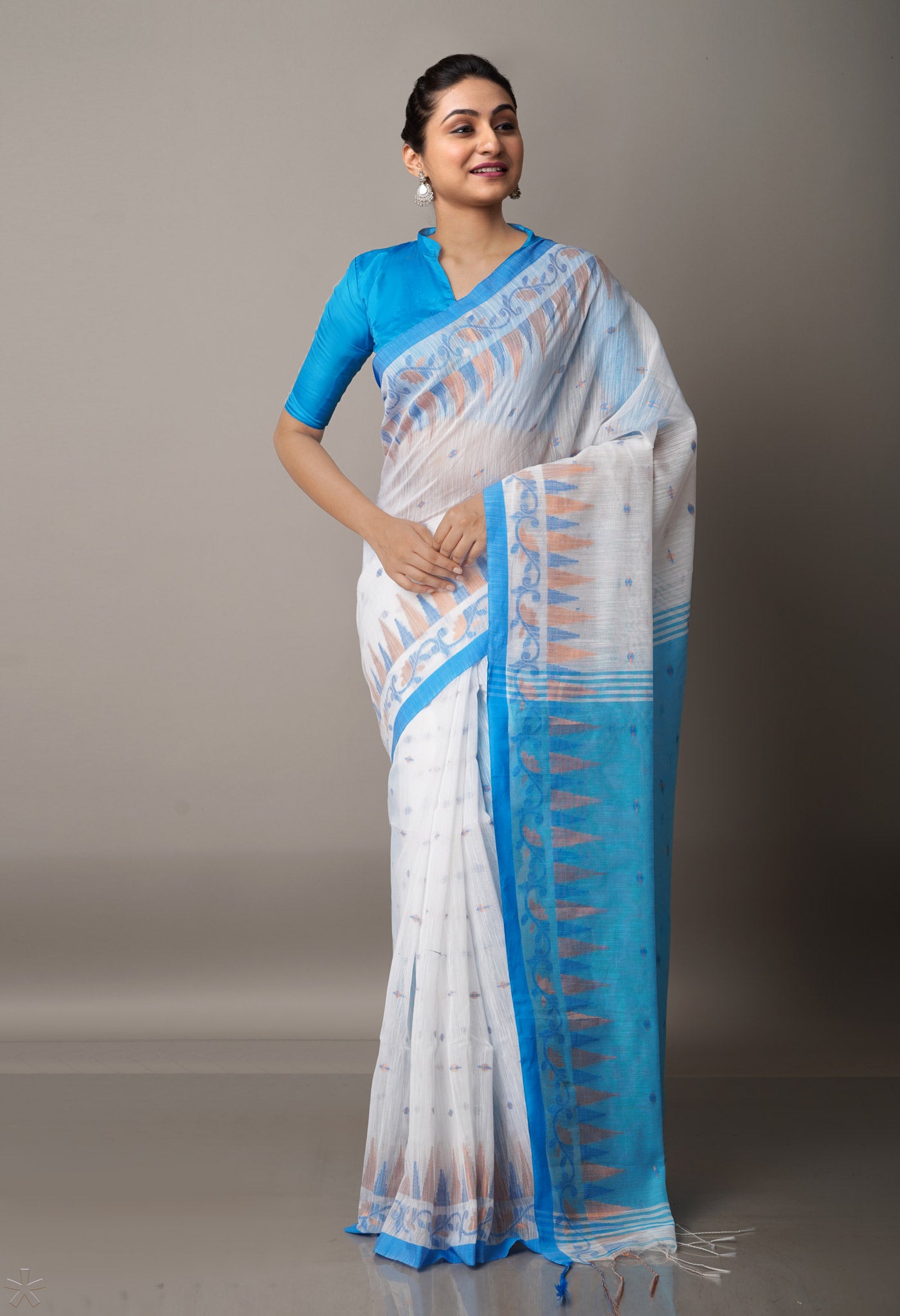 White Handloom Jamdhani Bengal Sico Saree-UNM68250