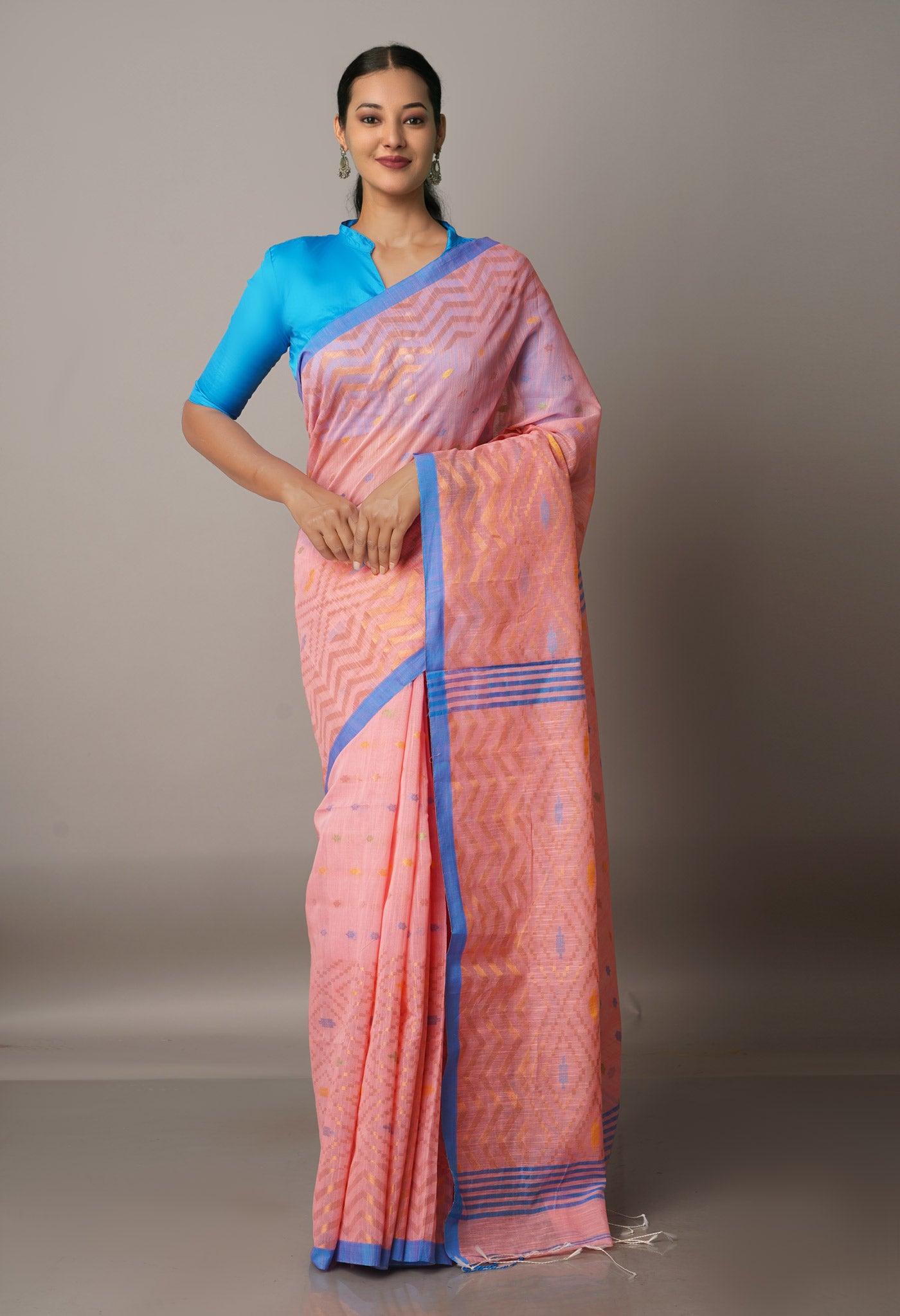Monticello Peach Pink Handloom Jamdhani Bengal Sico Saree-UNM68269