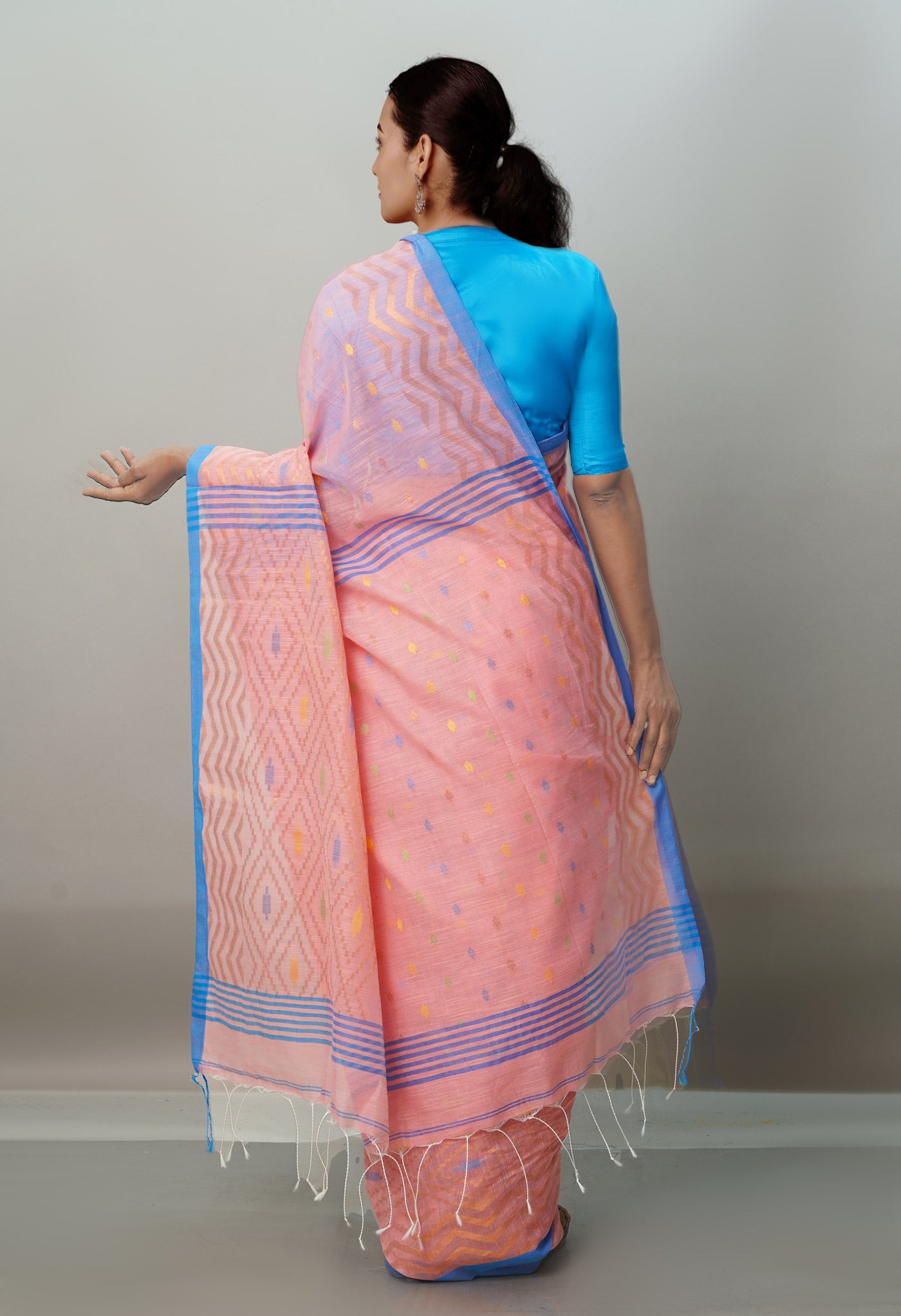 Monticello Peach Pink Handloom Jamdhani Bengal Sico Saree-UNM68269