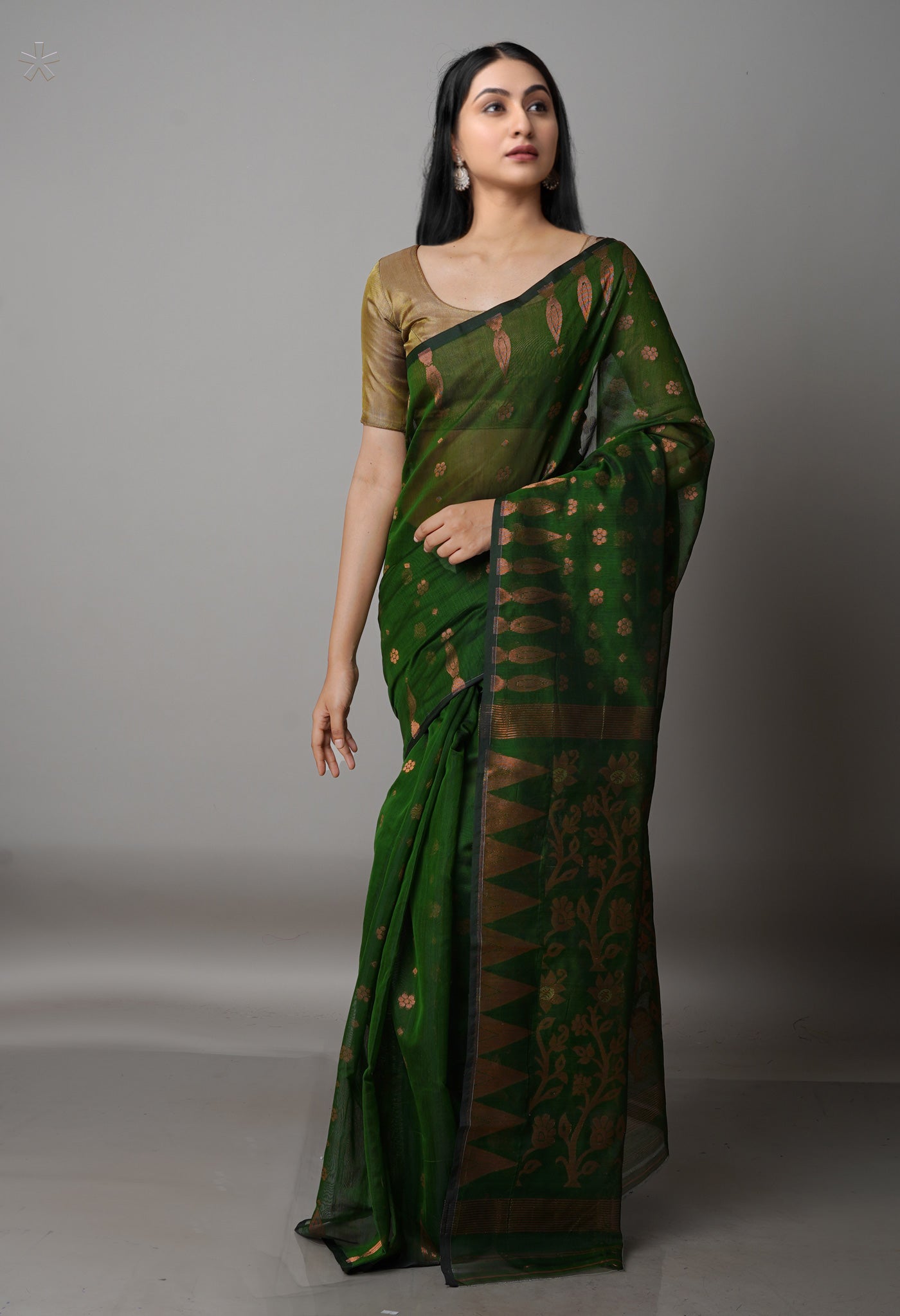 Dark Green Handloom Jamdhani Bengal Sico Saree-UNM68278