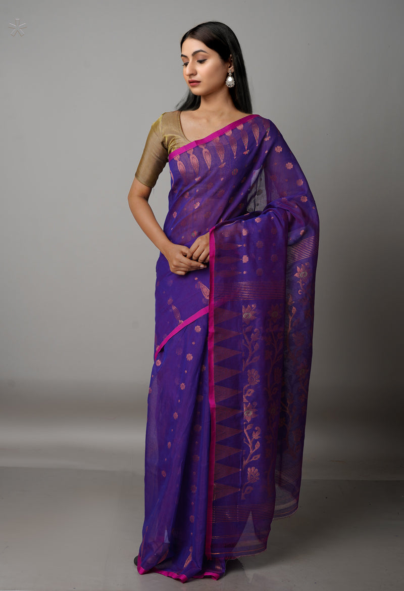 Purple Handloom Jamdhani Bengal Sico Saree-UNM68279