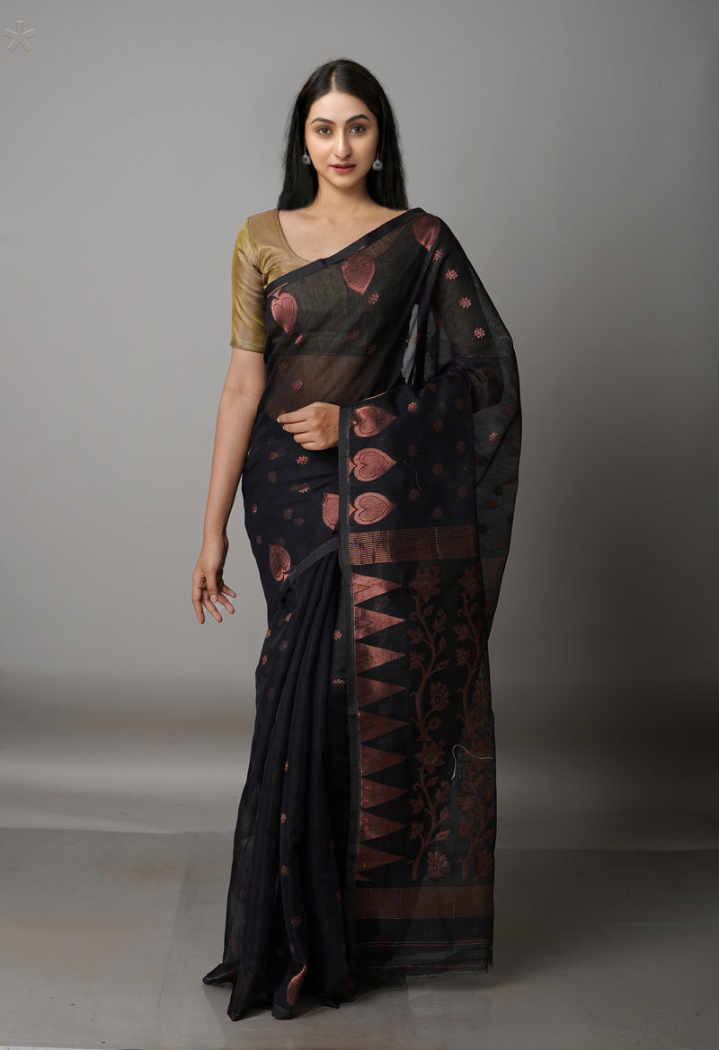 Black Handloom Jamdhani Bengal Sico Saree-UNM68284