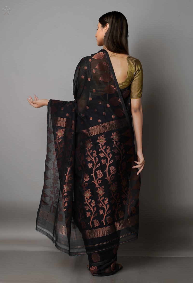 Black Handloom Jamdhani Bengal Sico Saree-UNM68284