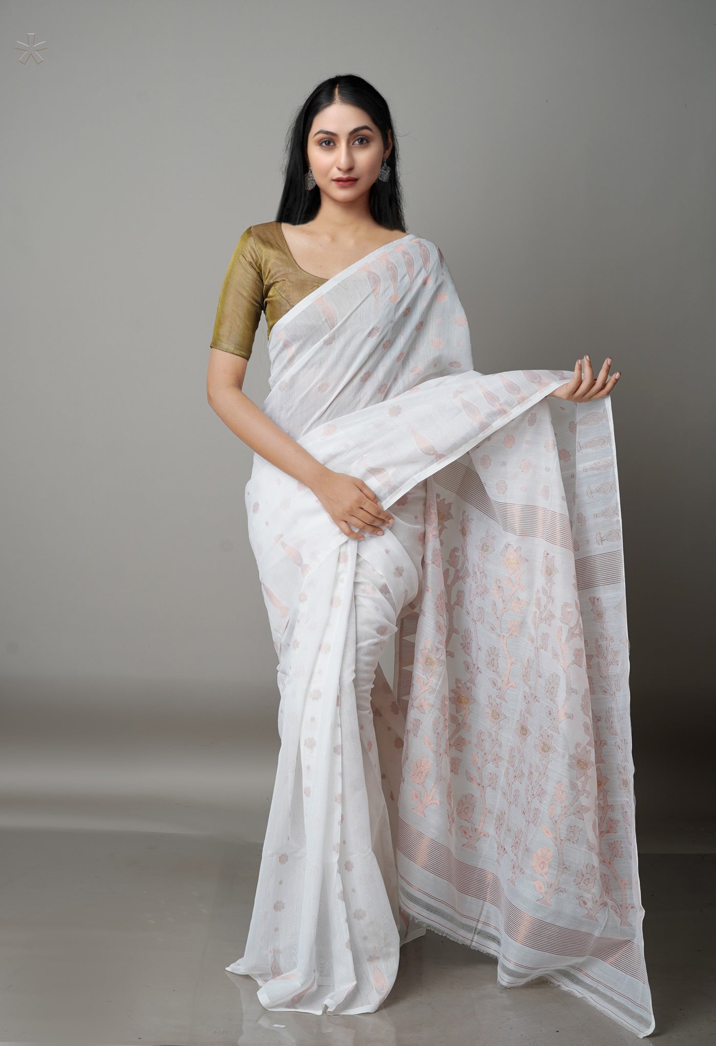 White Handloom Jamdhani Bengal Sico Saree-UNM68285