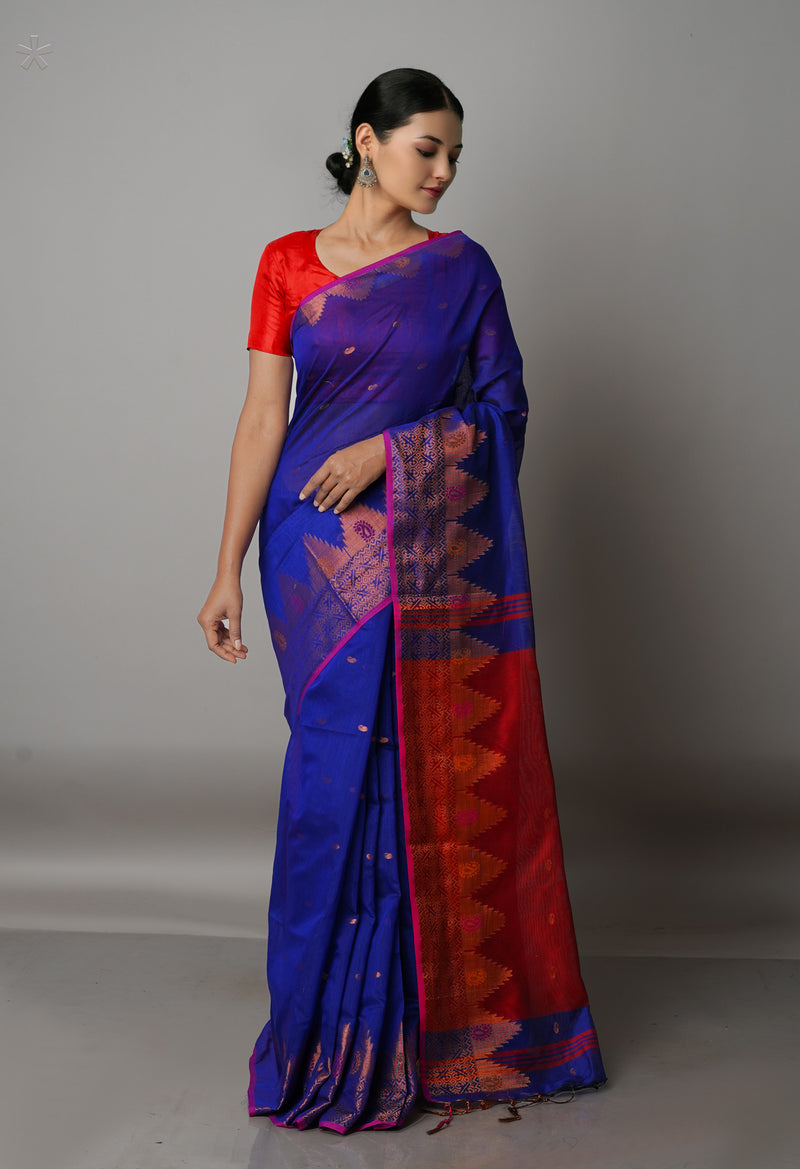 Dark Blue Handloom Jamdhani Bengal Sico Saree-UNM68305