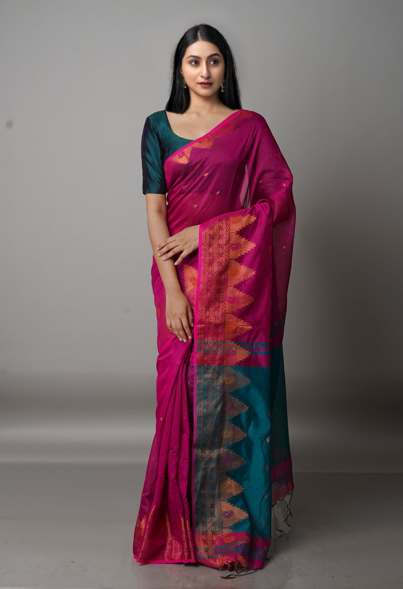 Fuchsia Red Pink Handloom Jamdhani Bengal Sico Saree-UNM68310